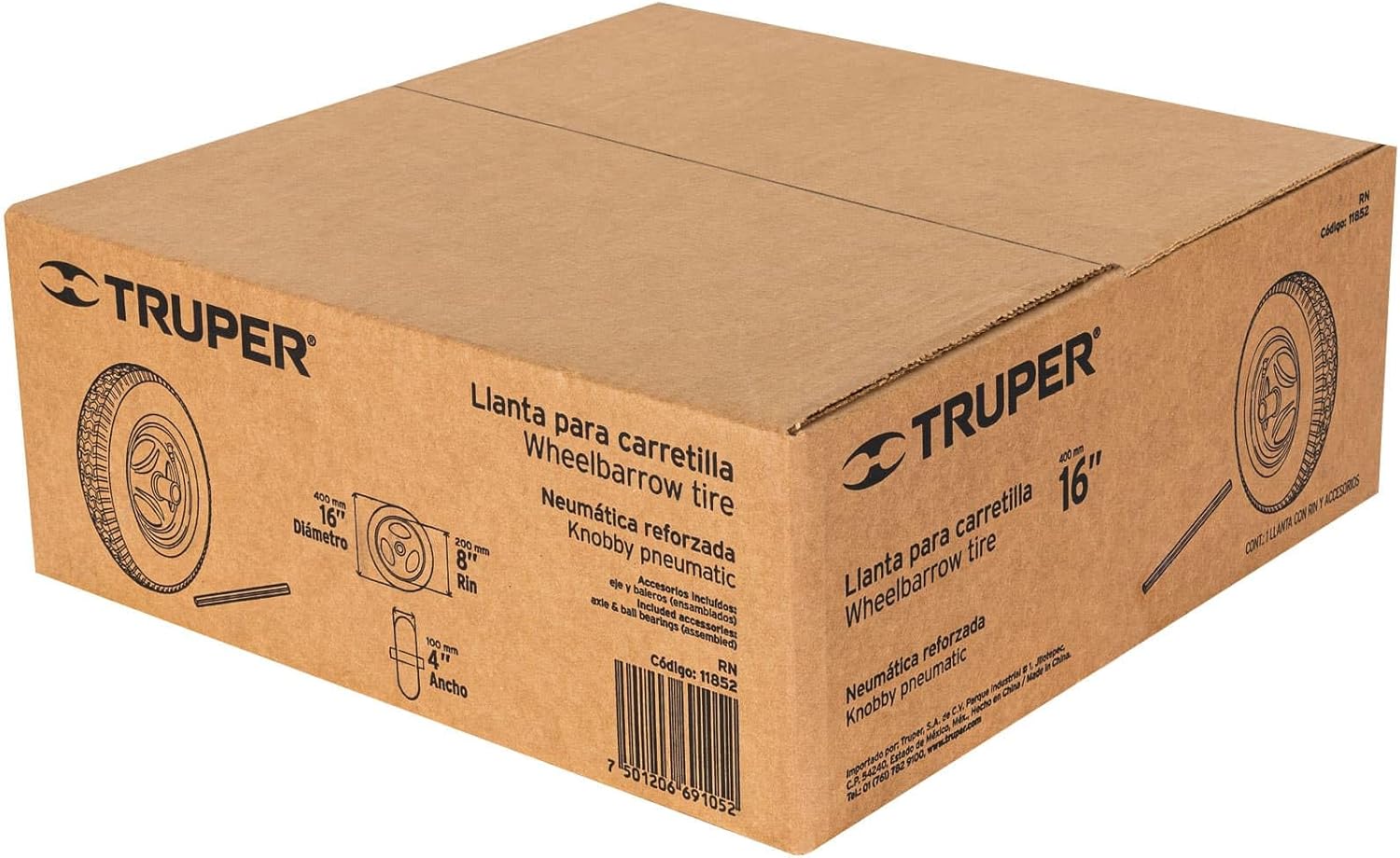 Truper 16-Inch Reinforced Wheelbarrow Tire and Rim Assembly, Includes Axle and Industrial Bearings, Heavy-Duty Replacement Wheel (Model RN / 11852)