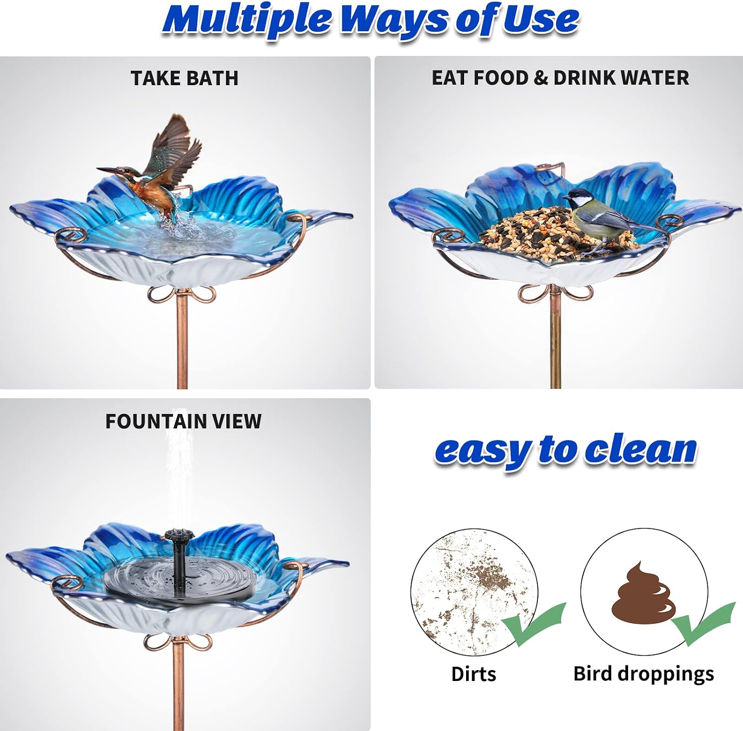 MUMTOP Glass Bird Bath Outdoor Birdfeeder Blue Flower Bowl with Metal Stake