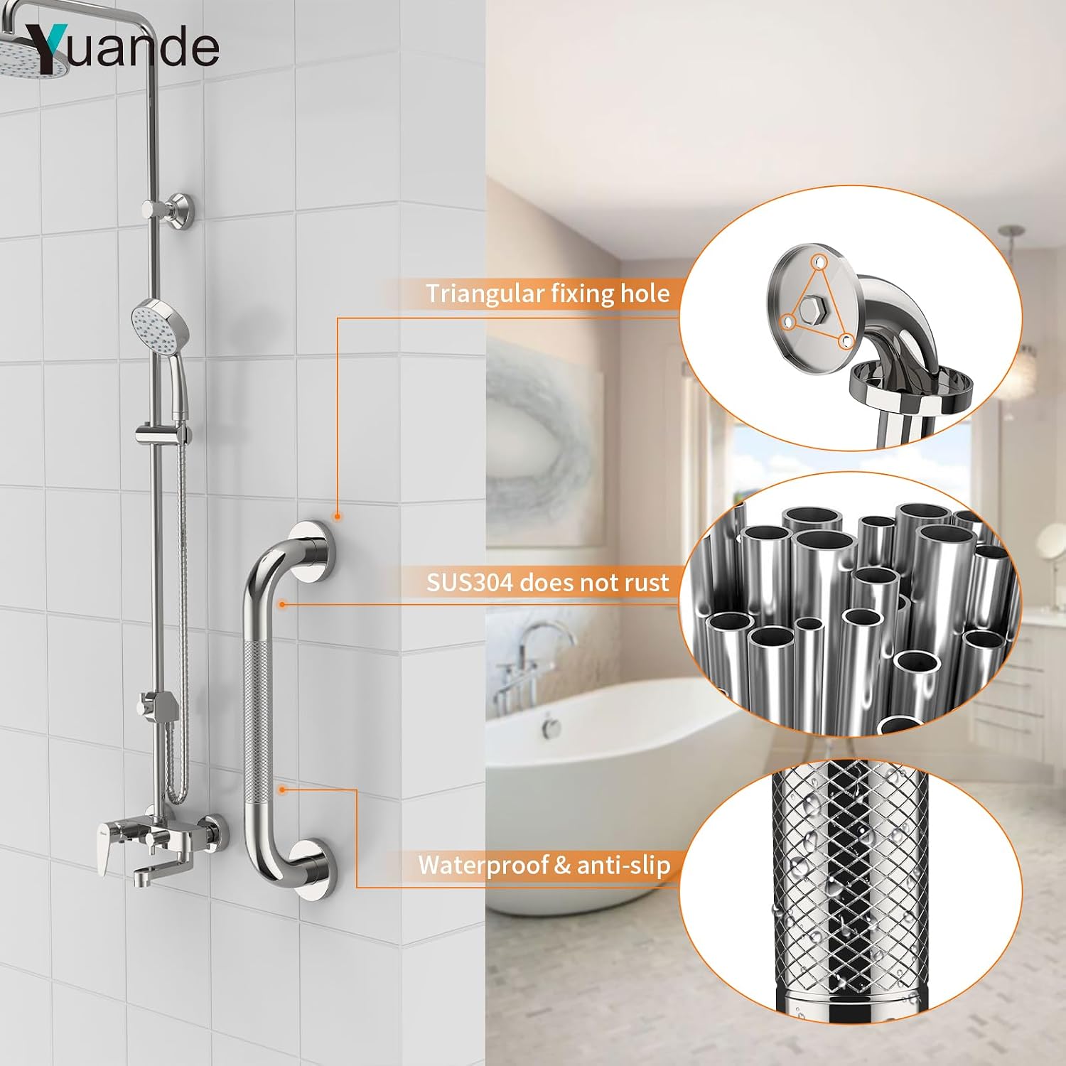 40 Inch Brushed Nickel Shower Grab Bar Anti-Slip Knurled Grip,Safety Handle | YuanDe 1.25" Diameter Stainless Steel Bathroom Grab Bars, Handicap Injury Elderly Senior Assist Support Shower Handle-2Packs