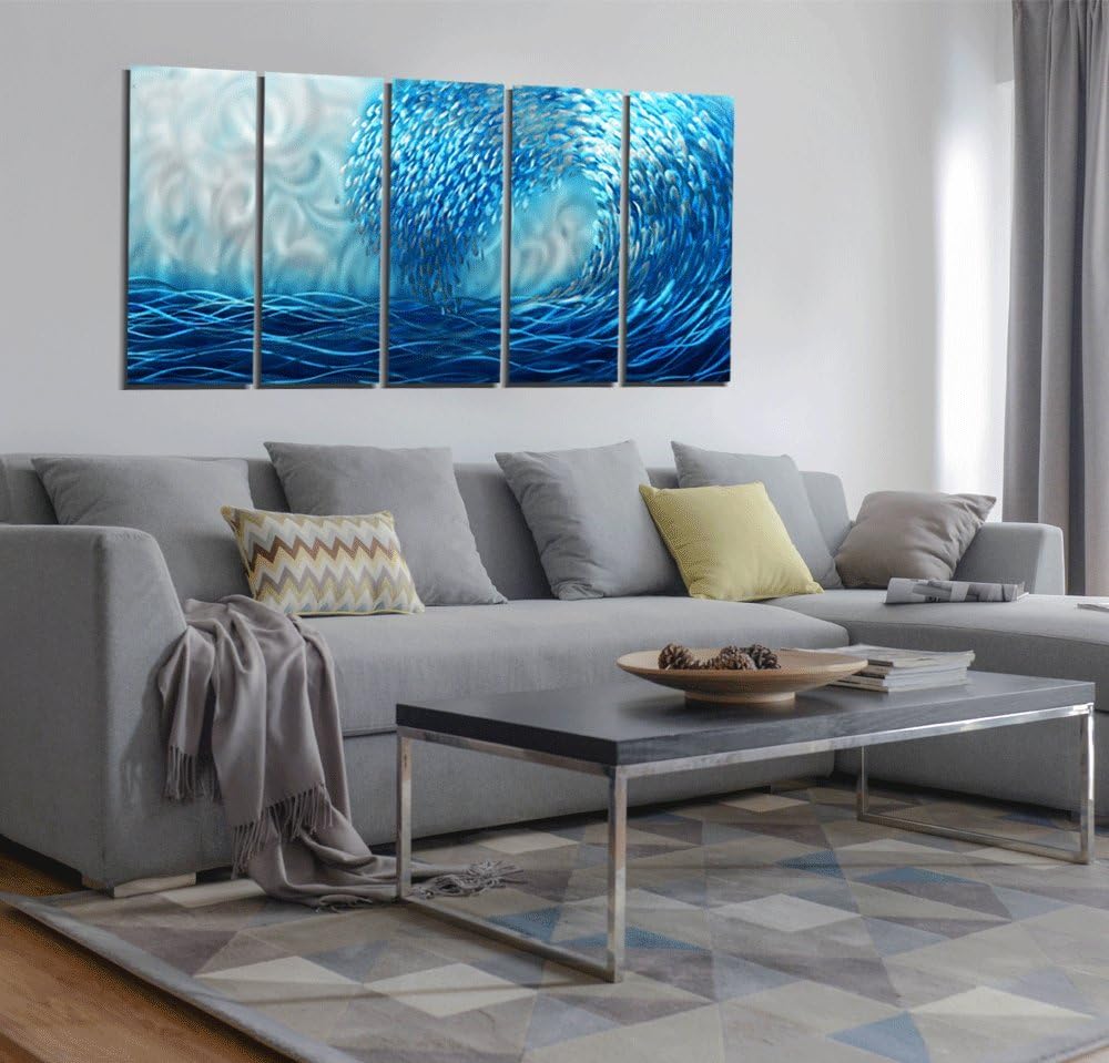 Yihui Arts Handcrafted 3D Metal Wall Art - Ocean Wave Sculpture, 5 - Panel Aluminum Decor for Living Room, Bedroom & Office