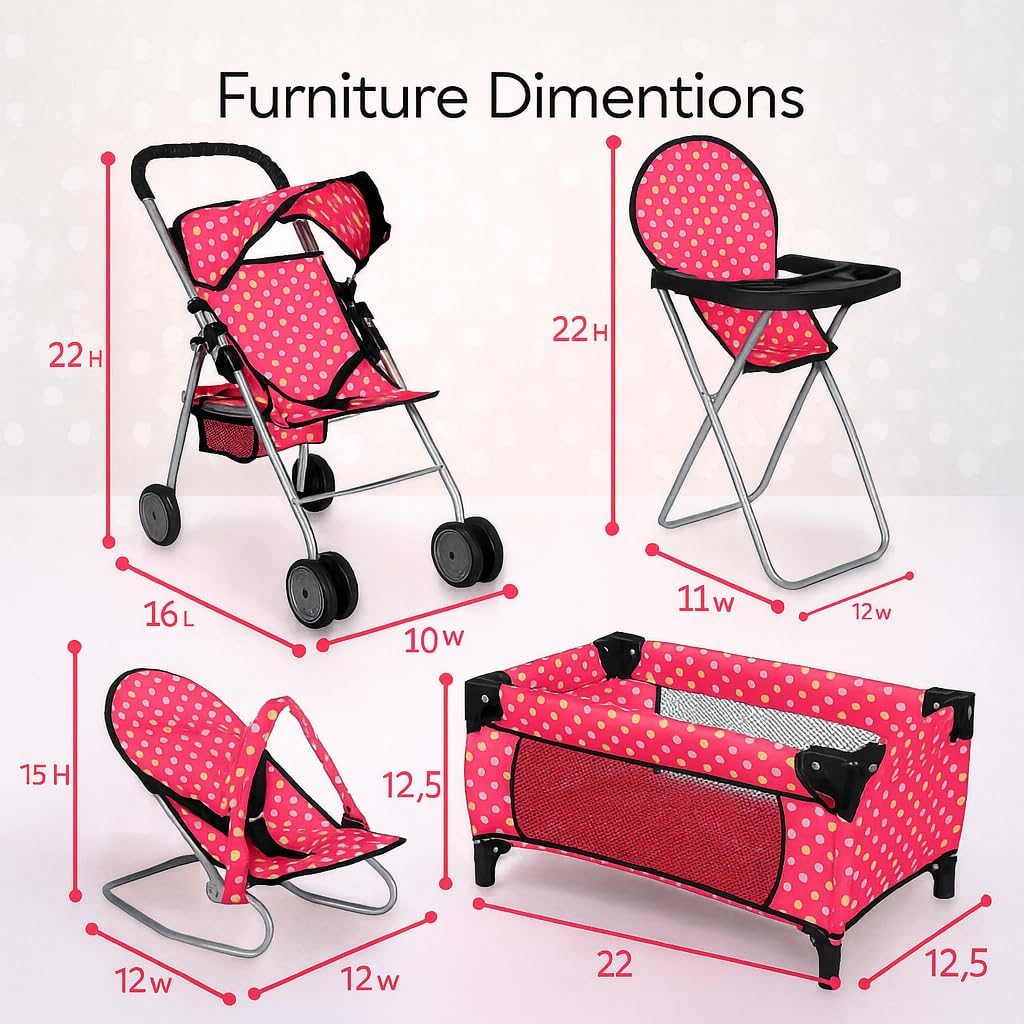 fash n kolor 4 Piece Baby Doll Play Set Flower Design Includes - Foldable Pack N Play, Baby Doll Stroller, Baby Doll High Chair, Infant Seat, Fits Up to 18'' Doll 4 Piece Doll Accessories Set