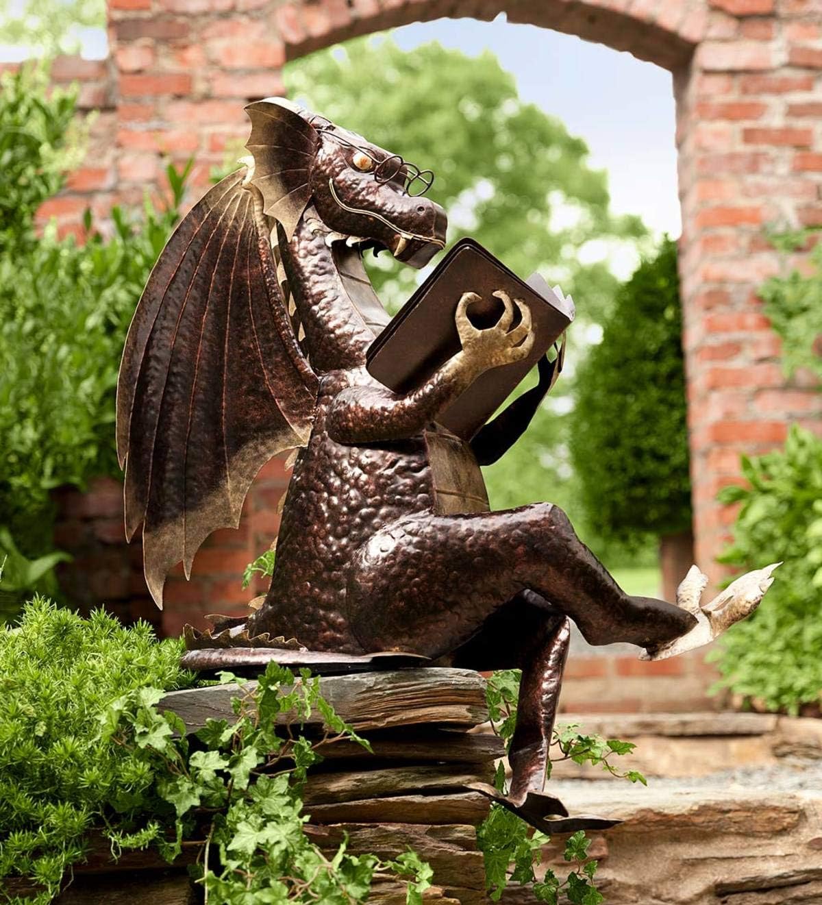 Wind & Weather Enchanting Handcrafted Metal Reading Dragon Sculpture | Reclaimed Metal | Detailed Design | Indoor/Outdoor Decor | 26.5" W x 34" H x