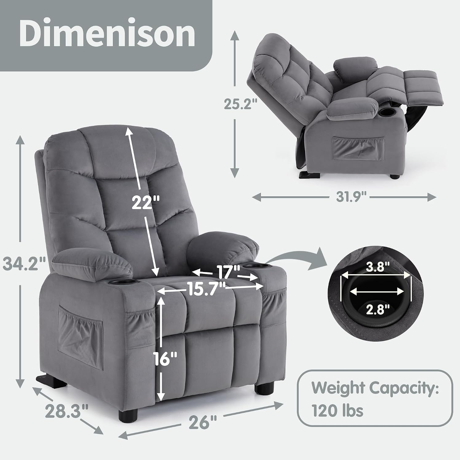 MCombo Big Kids Recliner for Ages 3+, Toddlers Recliner 7355 Velvet, Blue