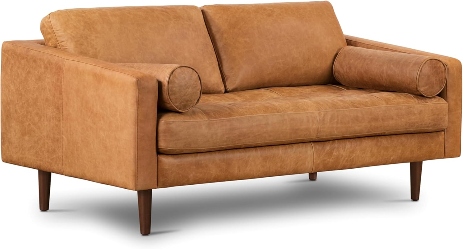 Poly & BARK 55" Tufted Leather Bed Bench for Bedroom End of Bed - Living Room Entry Way Bench - Pure Italian Leather Upholstery with a Solid Wood Frame - Ottoman Bench with Wooden Legs - Cognac Tan