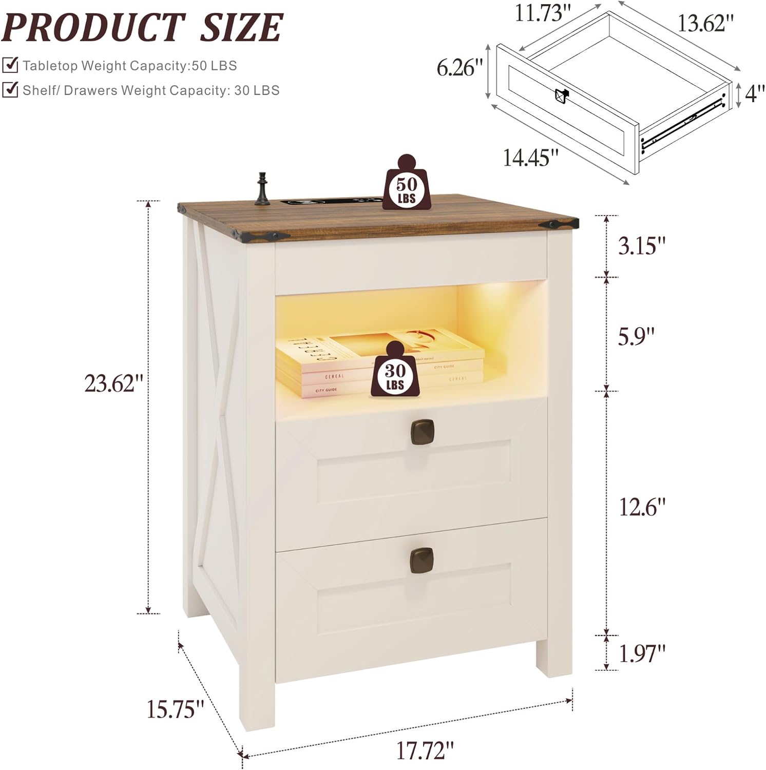 Farmhouse LED Nightstand with Gun Drawer&Invisible Lock,Modern Bedside Table with Human Sensor Design,Rustic Side Table with Wireless Charging for Living Room, Dark Oak