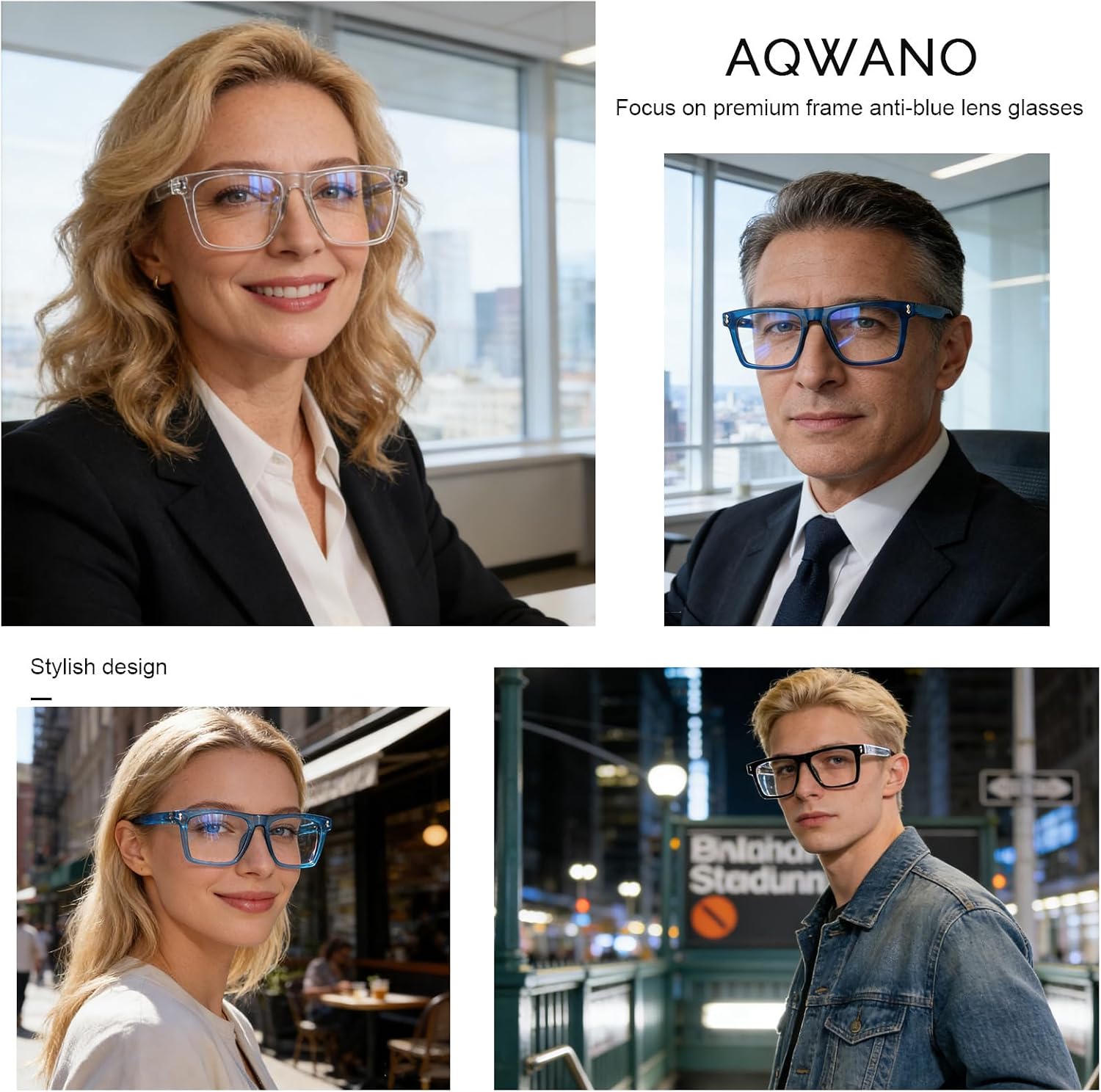 AQWANO Oversized Computer Reading Glasses Blue Light Blocking, 4 Pairs Stylish Fashion Design Anti UV Ray/Eye Strain/Glare Readers Men Women, 1.5