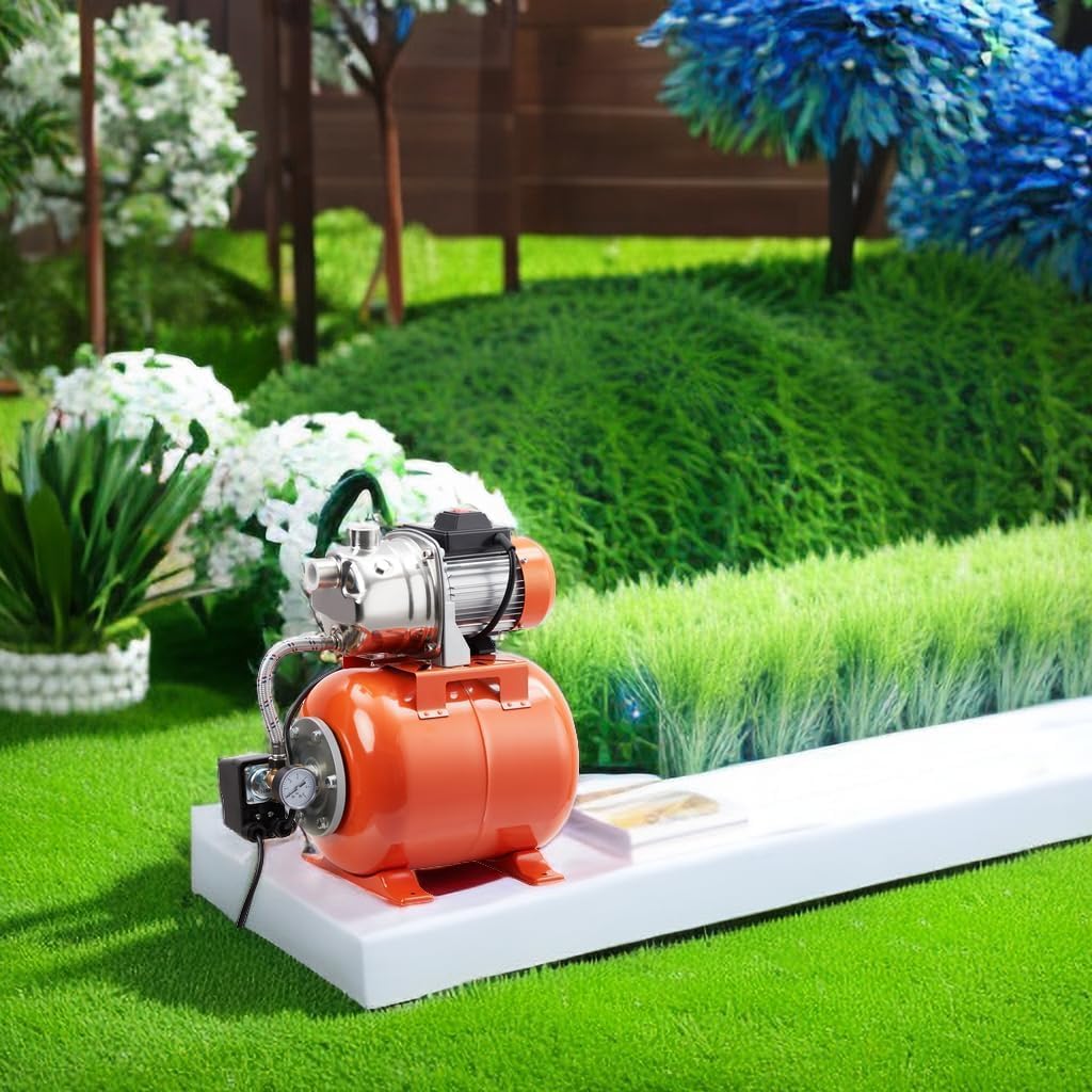 TrailBlaze 1HP Shallow Well Pump with Pressure Tank, 115V, Stainless Steel Lawn Sprinkler Irrigation Pump, Automatic Water Booster Jet Pumps for Home, Garden, Lawn, Farm