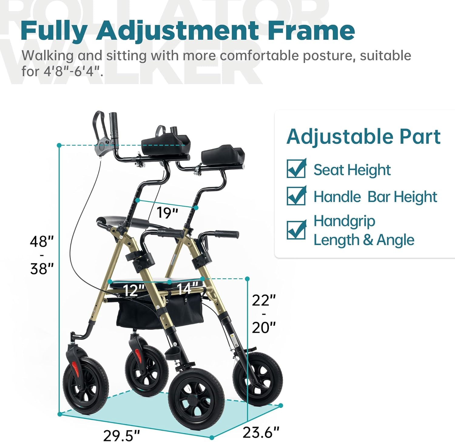 ELENKER 10 in PU Wheels Upright Rollator Walker for Seniors, Champagne | Stand Up Design, Padded Seat, Padded Armrests