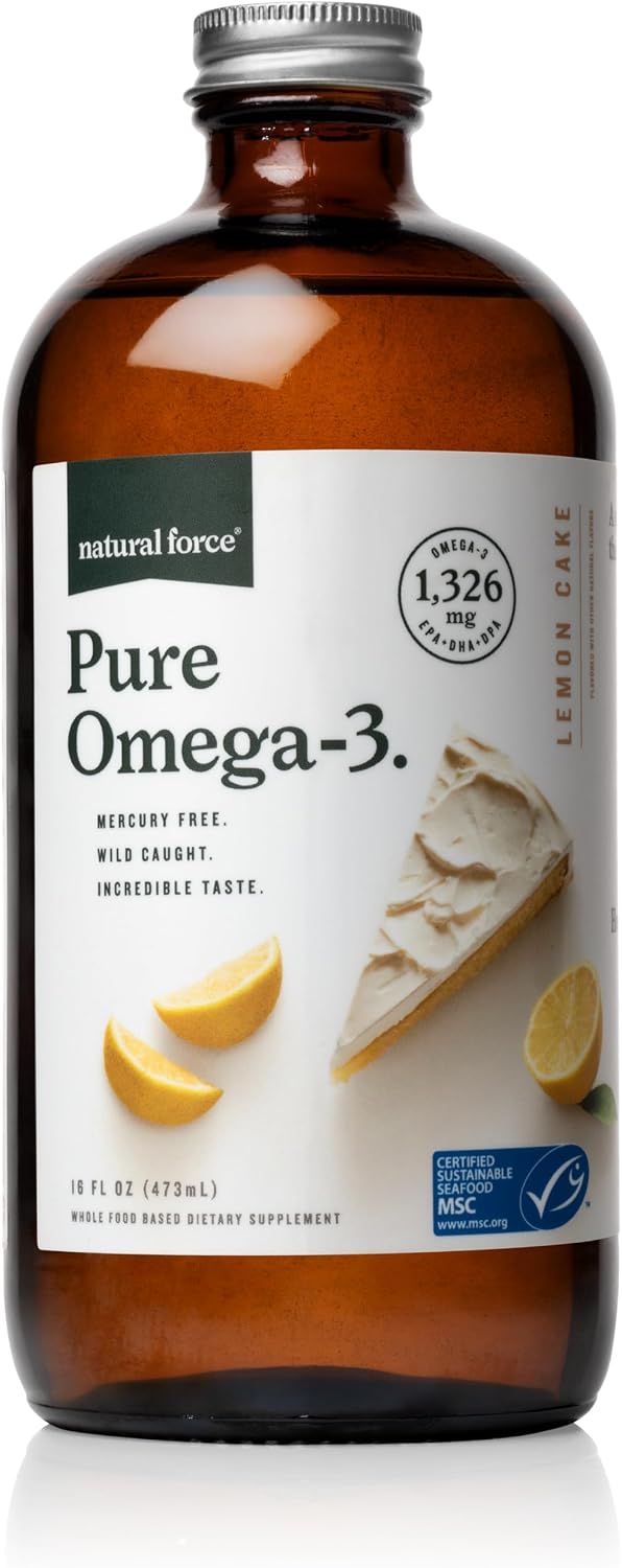 Natural Force Pure Omega 3 - Liquid Fish Oil - Delicious Lemon Cake Flavor - Mercury Free, Wild Caught, Lab Tested - 1, 326 mg Triglyceride EPA, DHA