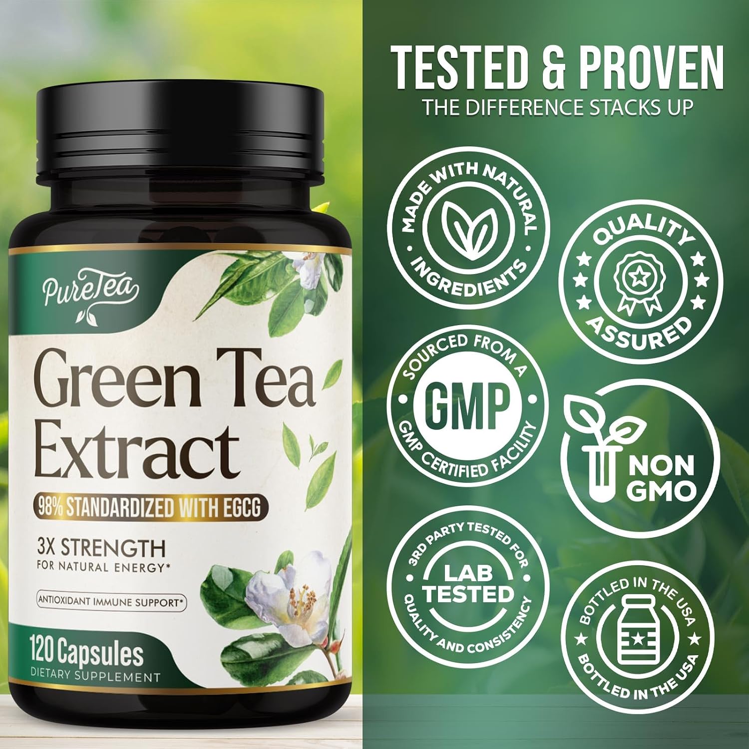 Green Tea Extract 1000mg Per Serving - 98% Polyphenols & 45% EGCG Capsules, Heart Support with Antioxidants - 3X Absorption Green Tea Pills Supplement, Natural Energy, Gentle Caffeine - 240 Capsules