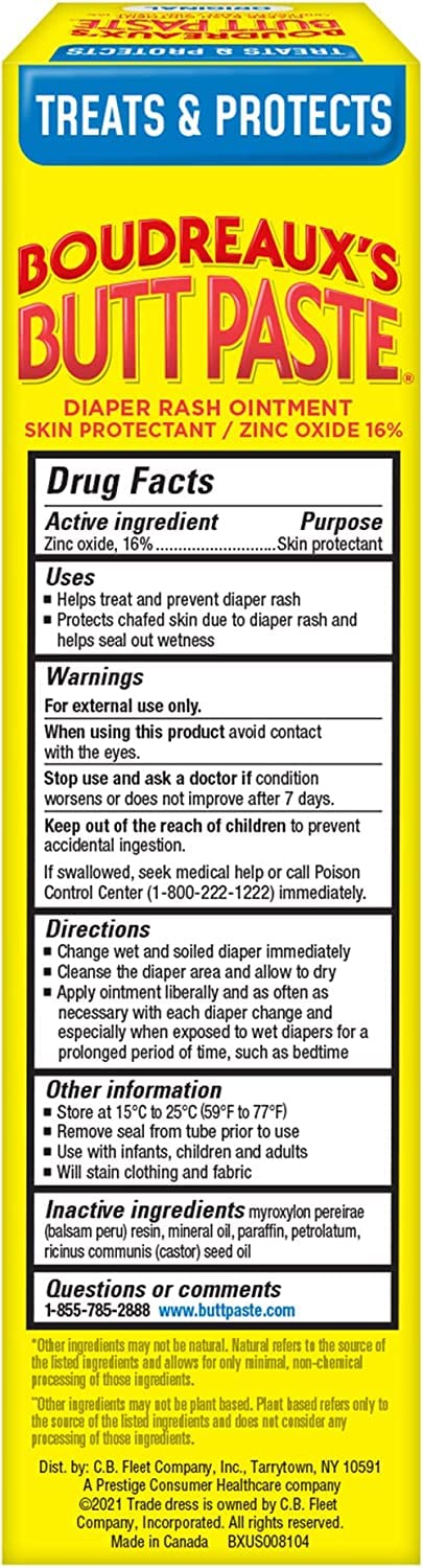 Boudreaux's Butt Paste Diaper Cream, Dermatologist-Tested Original Diaper Rash Cream for Daily Prevention and Relief, Baby Ointment, 2oz Tube