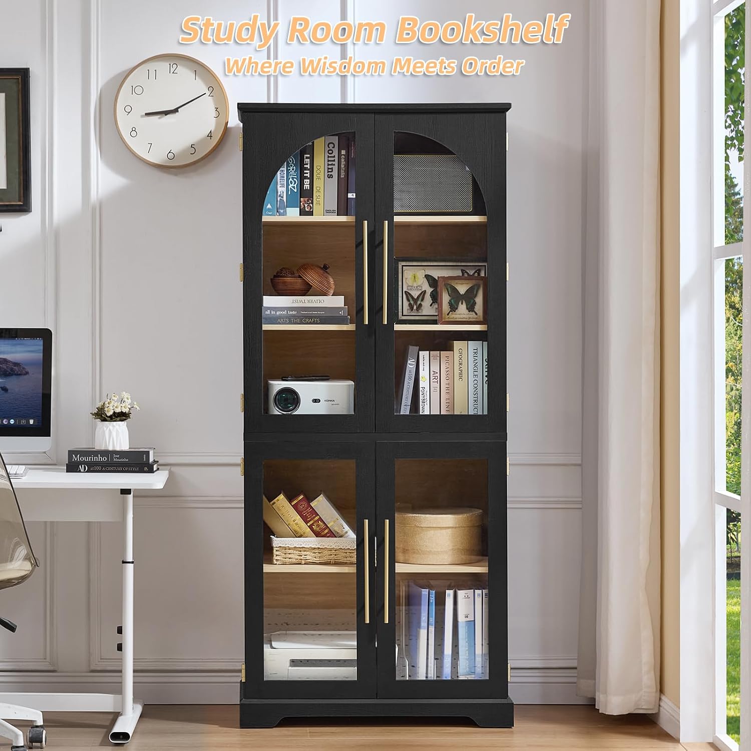 Joaxswe 72" Tall Bookshelf with 4 Curved Glass Doors, Farmhouse Bookcase with 3-Tier Adjustable Shelves, Modern Living Room Display Cabinet, Large Storage Cabinet for Home Office,Dining Room, Natural
