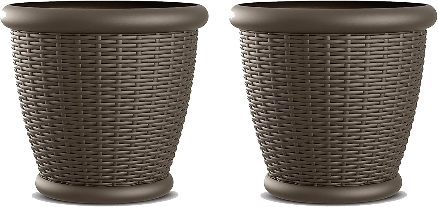 Suncast Wicker Planter w/ Drillable Drain Holes, Decorative Indoor/Outdoor Pot, 18in, Java