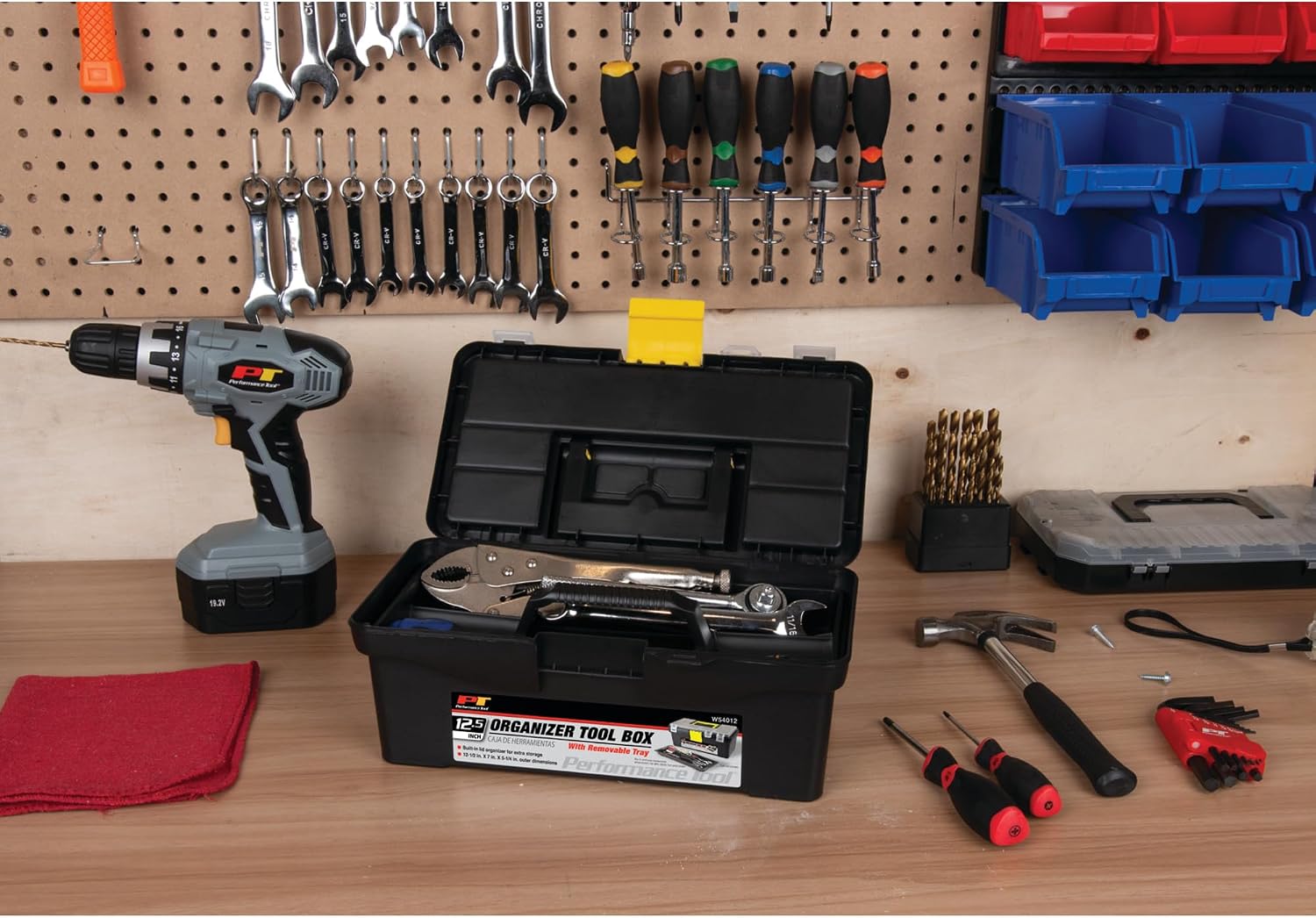 Performance Tool W54026 26 in. Steel Tool Box with Removable Tote | Heavy duty steel storage box and organizer. Recessed ergonomic comfort handle. Strong double latch with padlock eyehole