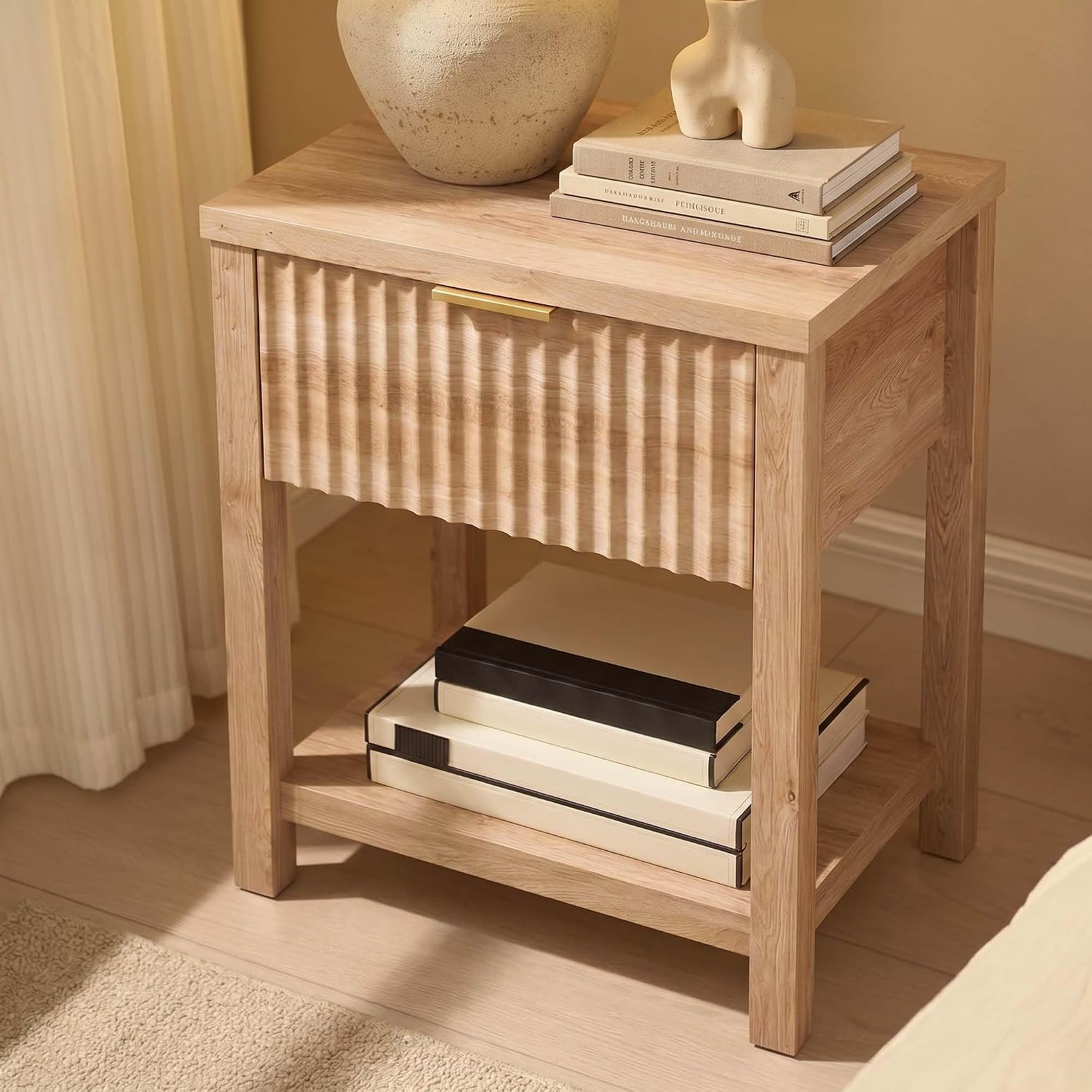Fluted Night Stand Set of 2 with Golden Handle, Mid-Century Nightstands with Drawer, Bed Side Tables for Bedroom, Bedside Table with Storage Shelf