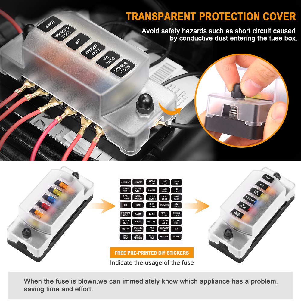 ELECTOP 6 Way 12V/24V Fuse Block Blade with Negative Bus