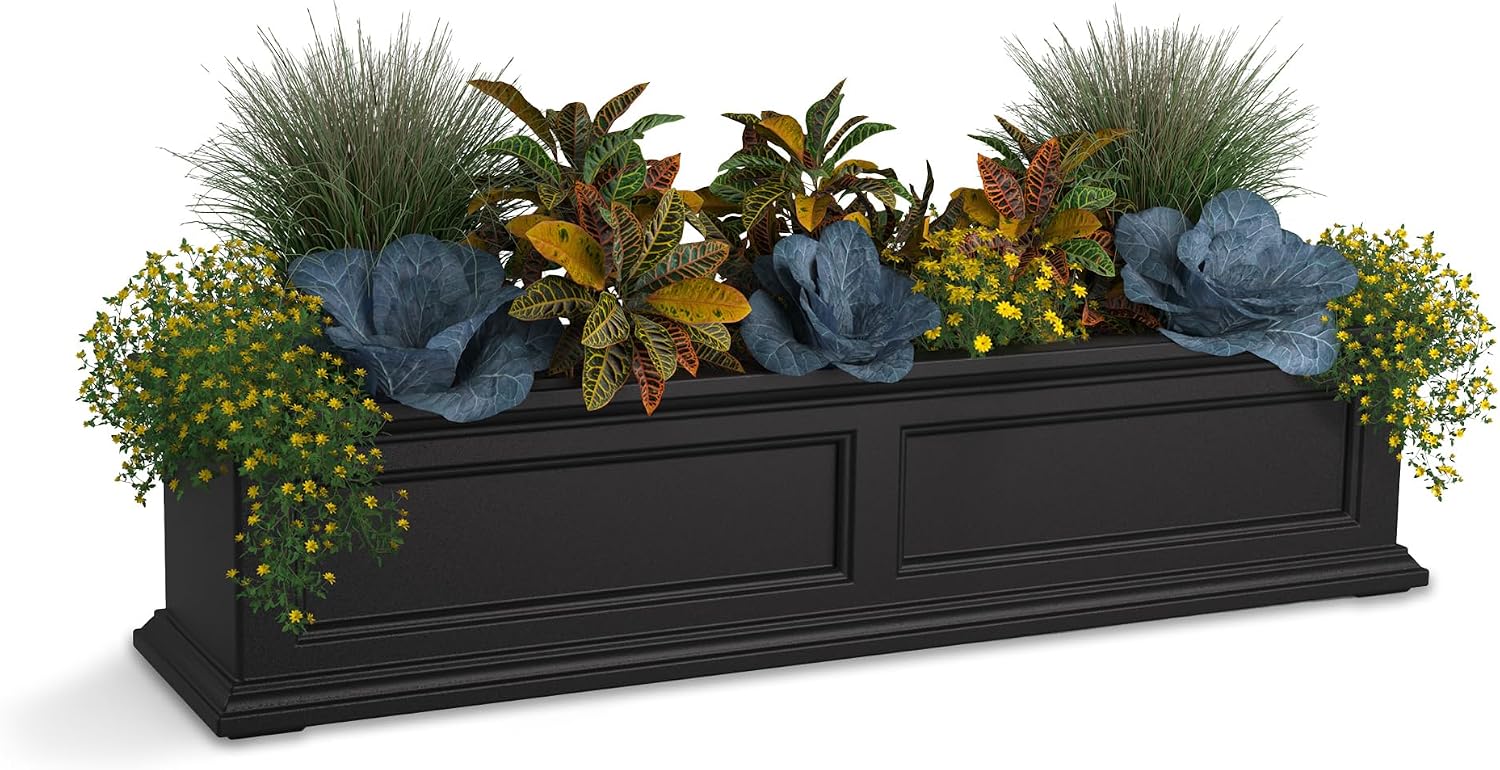 Mayne Fairfield 48in Self-Watering Rectangular Window Box Planter, Black | Self-watering, All season, Fade resistant, Mounting brackets included, Built-in overflow, 15-year warranty