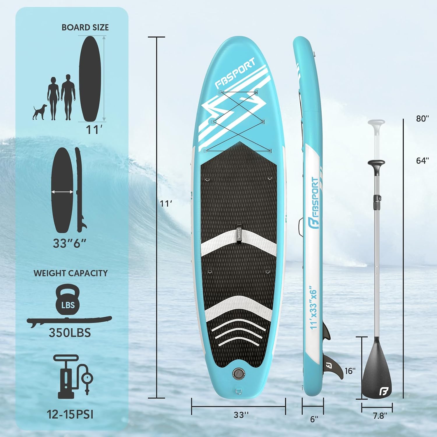FBSPORT 11' Premium Stand Up Paddle Board, Yoga Board with SUP Accessories & Carry Bag | Wide Stance, Surf Control, Non-Slip Deck, Leash