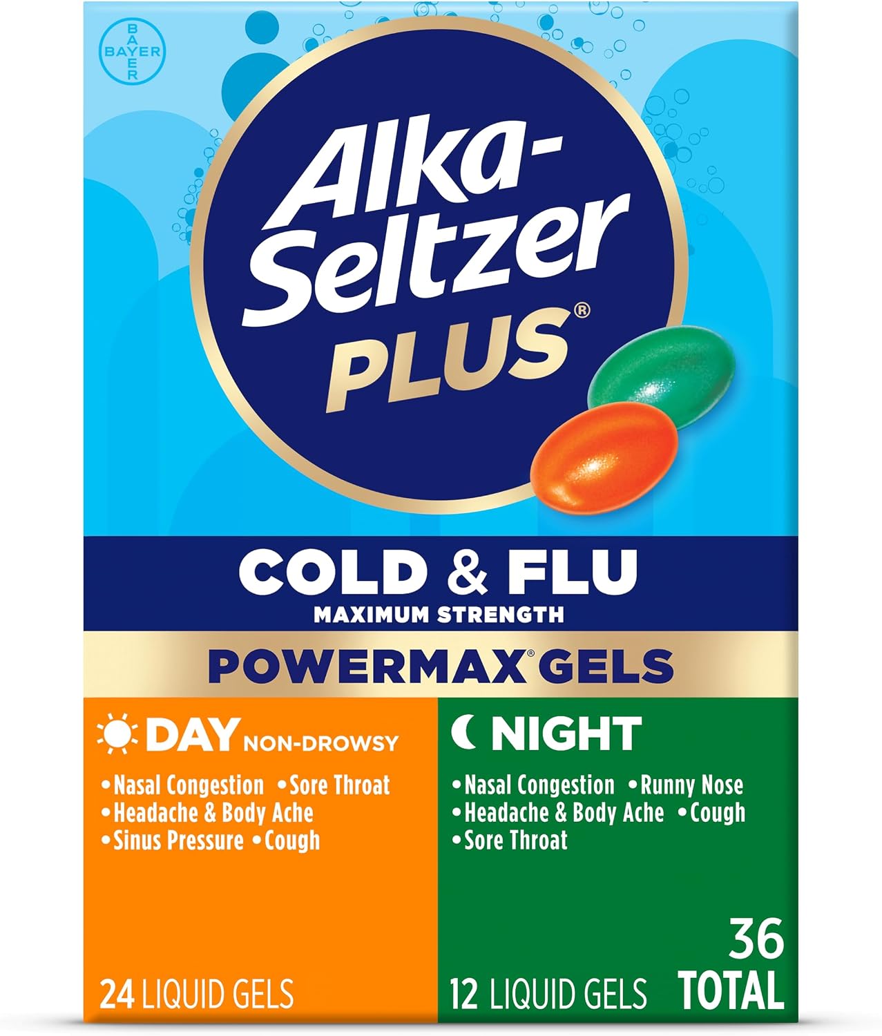 Alka-Seltzer Cold, Cold & Flu + Congestion Severe Day/Night Fast Gels, Flu + Congestion Medicine, Multi-Symptom Relief, Body Aches and Pains, Fever Reducer, 24 Count (Packaging May vary)