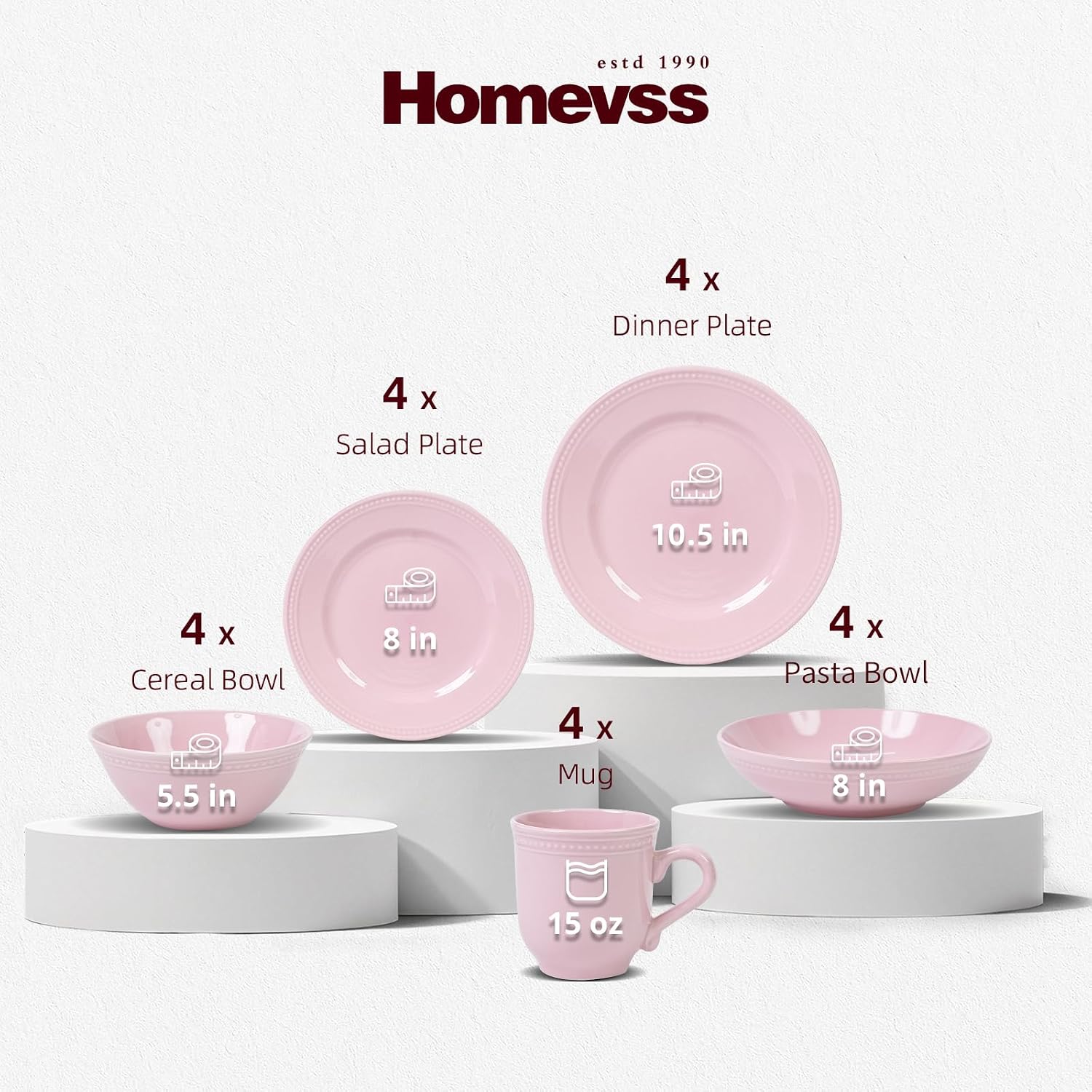 HomeVSS 20-Piece Pearl Dots Stoneware Dinnerware Set, Pink, Service for 4