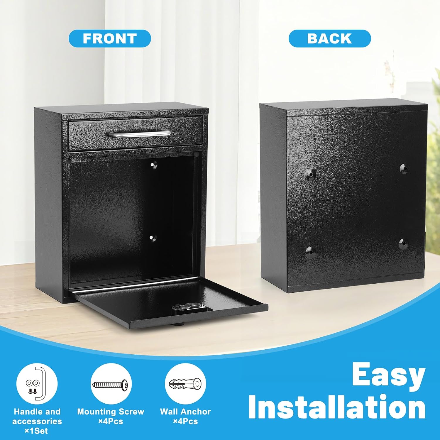 KYODOLED Steel Key Lock Mail Boxes Outdoor, Locking Wall Mount Mailbox, Security Lock Drop Box, Collection Boxes for Home, Office or Commercial,16.2H x 11.2L x 4.6W Inches, Black X Large