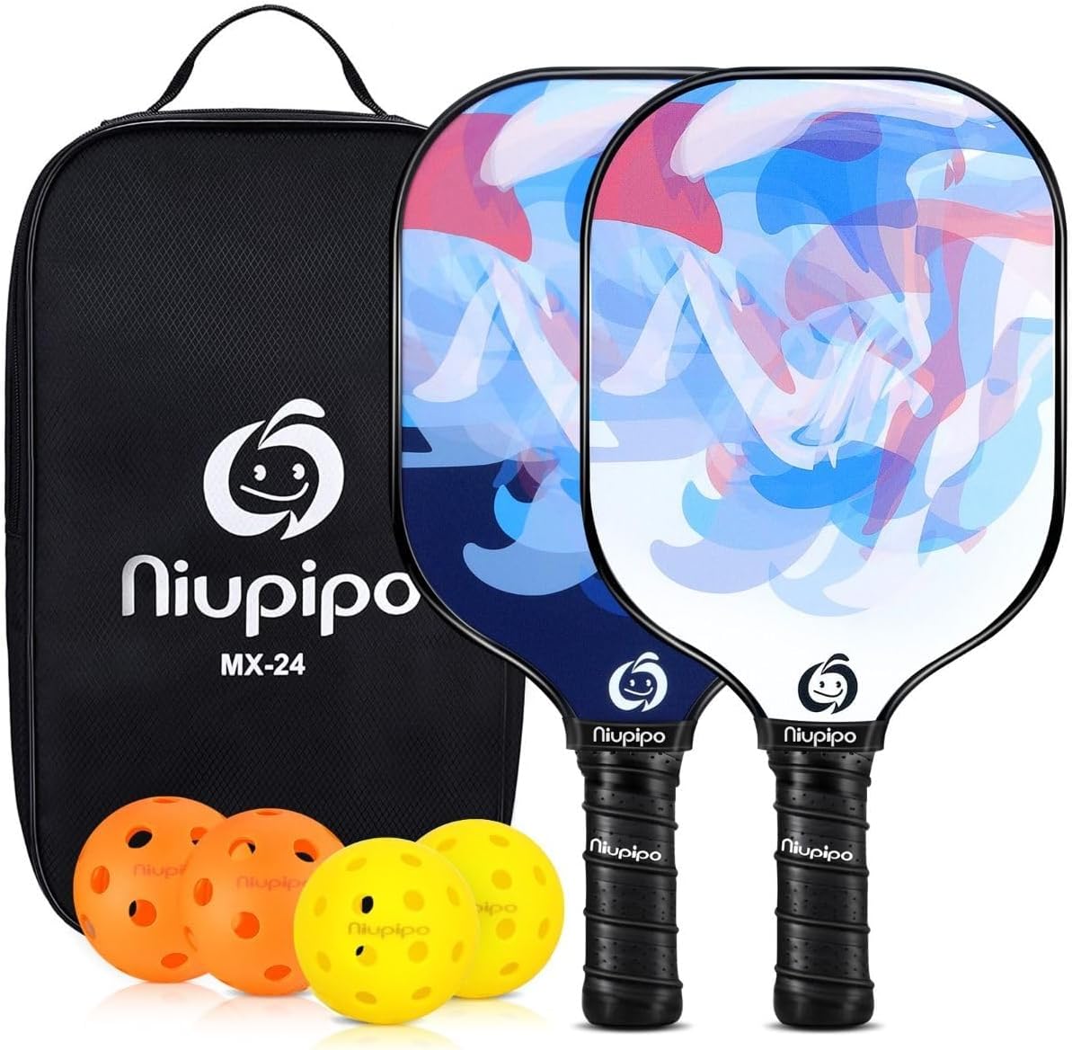 niupipo Pickleball Paddles Set of 2 or 4, USAPA Approved Fiberglass Pickleball Paddle Set with Balls and Bag, Polypropylene Honeycomb Core