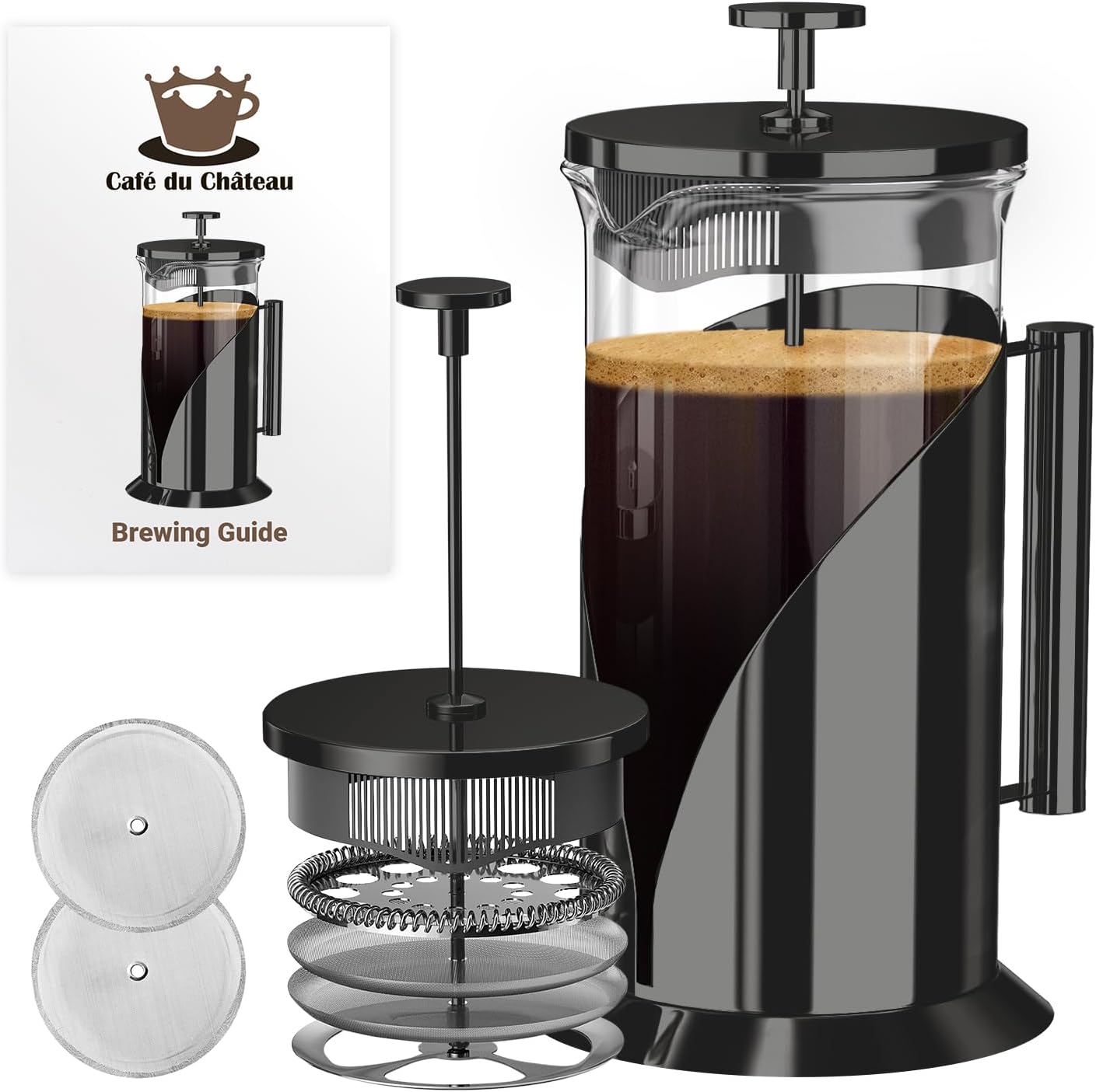 Cafe Du Chateau French Press Coffee Maker, 34 oz Glass, Stainless Steel | Easy Brew, Durable Clear Glass, 4-level Filtration, 34 oz Capacity, Coffee Press for Camping, Tea Brewer, BPA-Free Materials