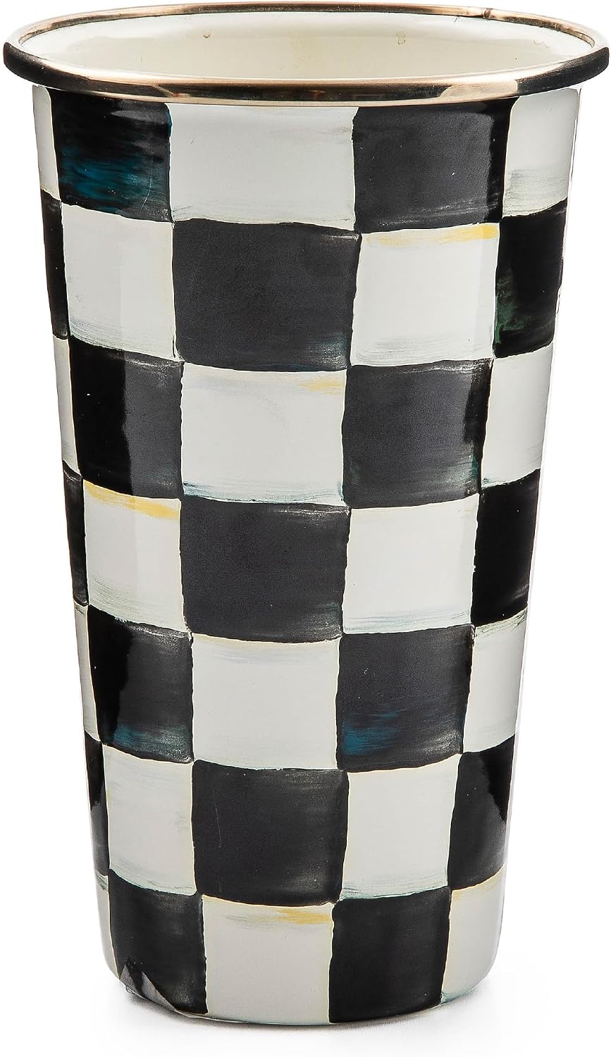 MACKENZIE-CHILDS Enamel Tumbler, Black-and-White Courtly Check | Hand-painted design, elegant drinkware with gold rim, 2.75" dia. x 4.5" H, 10-ounce capacity