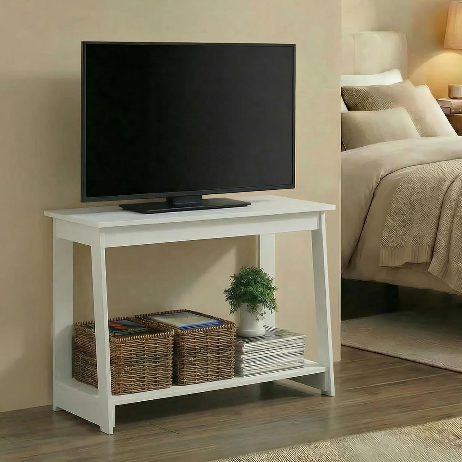 Furinno Beginning TV Stand, 2-Tier Rectangular Entertainment Center with Shelf, TV Console for TV up to 36 Inch, Open Back, for Living Room, Bedroom, French Oak