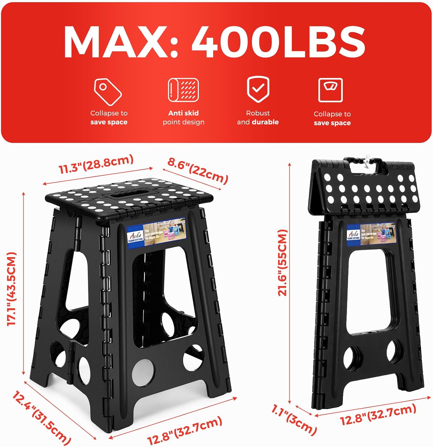 ACKO 13 Inch Folding Step Stool, Holds 300 lb for Adults and Kids, Black | Collapsible Heavy Duty Foldable Stools, Portable Non-Slip Foot Stepping stool, Kitchen Bathroom Bedroom Outdoor with Handle