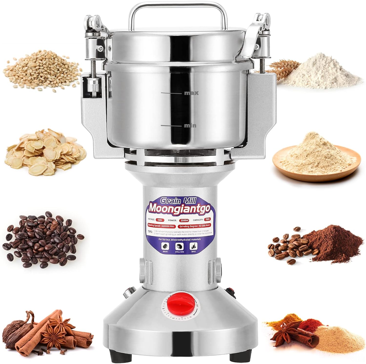 Moongiantgo Grain Mill Grinder Commercial Spice Grinder, 2500g Swing, 110V