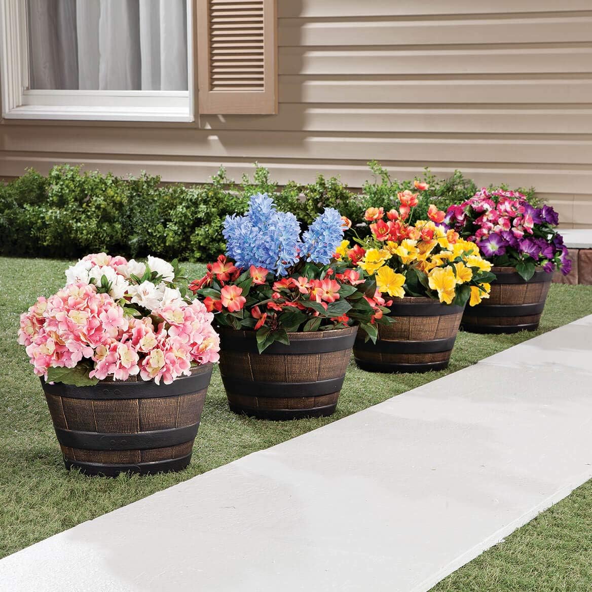 Fox Valley Traders Wood-Look Barrel Planters, Lightweight Durable | Plastic, Outdoor D cor, Rustic - 8 -H x 13 -Dia