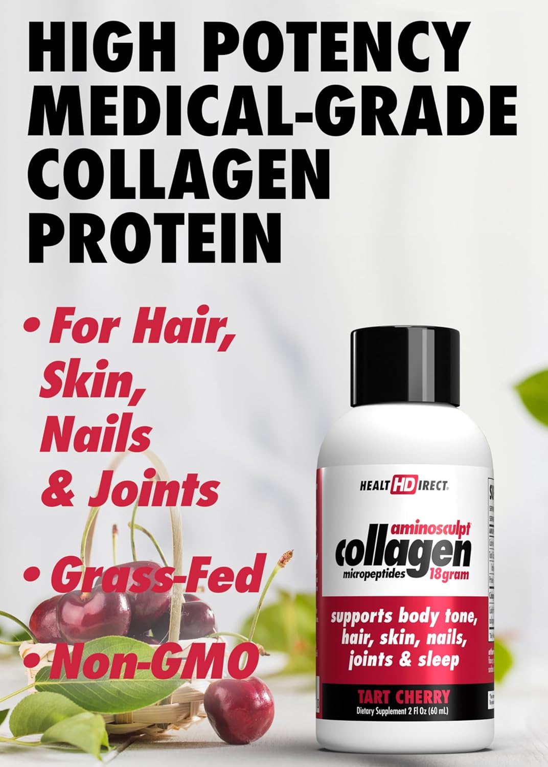HEALTH DIRECT AminoSculpt Sugar-Free Liquid Collagen, Tart Cherry, 30 oz | High-Potency Collagen for Men & Women. Supports Hair, Skin, Nails & Joints. Medical-Grade, No Mixing, Non-GMO & Grass-Fed