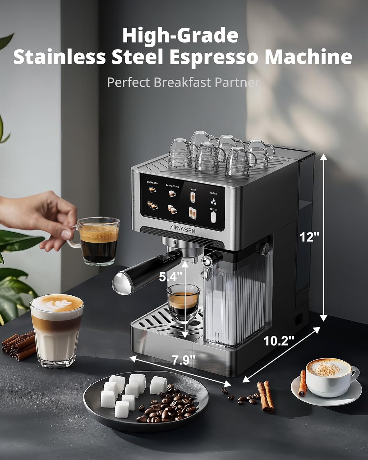 AIRMSEN 20 Bar Espresso Machine with Automatic Milk Frother, Cappuccino & Latte Coffee Maker with Quick Brew Dual Boiler (1350W + 1000W)
