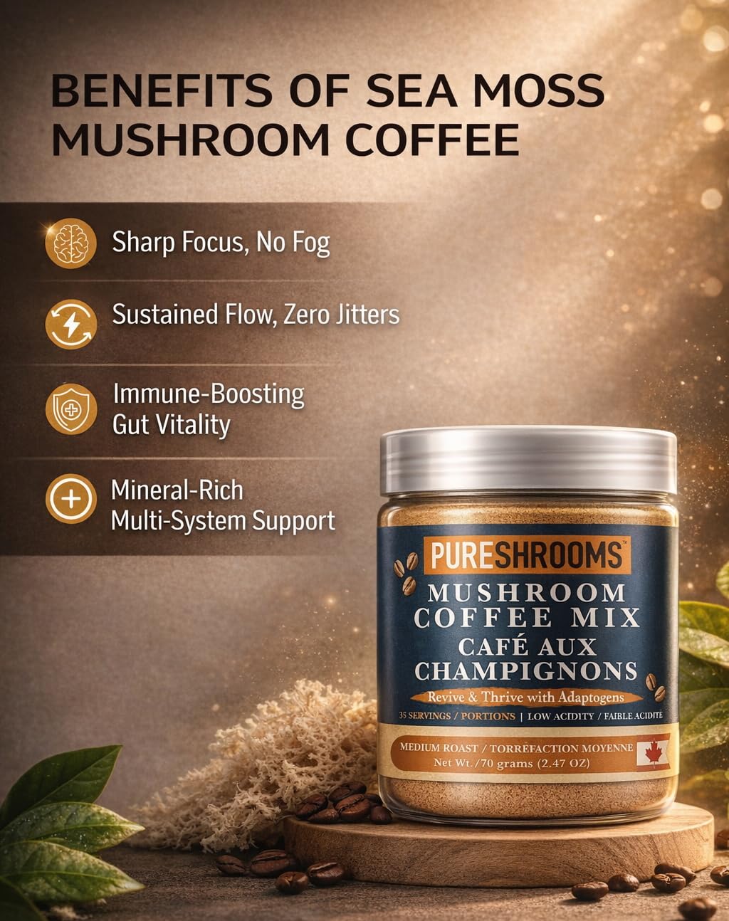 PureShrooms Mind & Body Mushroom Coffee - Instant Colombian Arabica with Organic Lion’s Mane, Reishi & Cordyceps - Low Acidity Nootropic Superfood Beverage for Focus & Vitality, 35 Servings/70g