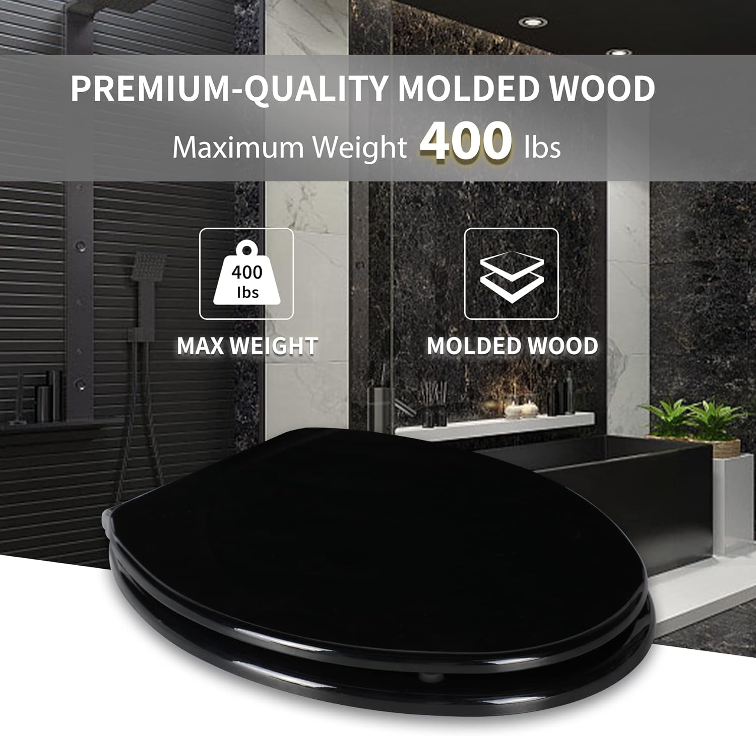 Angel Shield Toilet Seat with Zinc Alloy Hinges Quiet-Close Quick-Release Wood Molded UV Lid Easy Clean(Elongated,Black)
