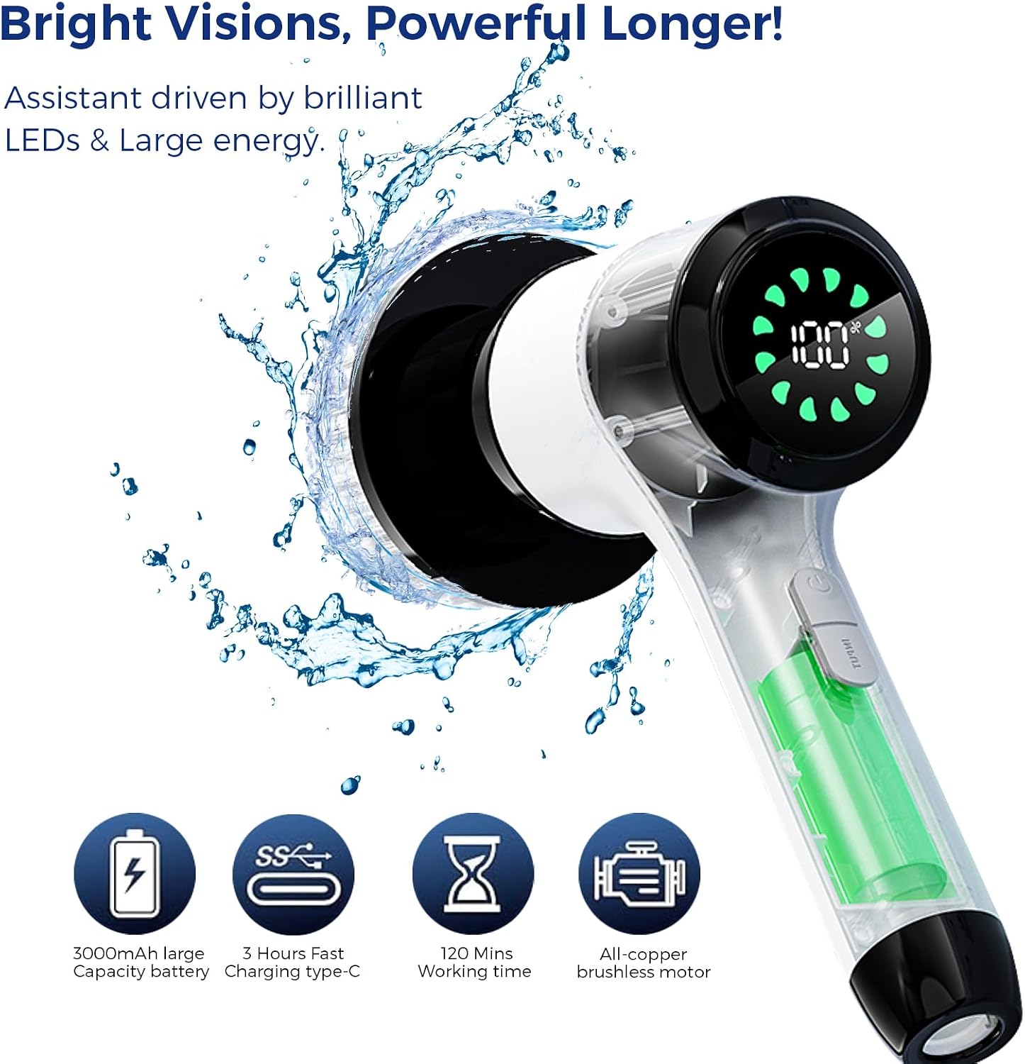 Electric Spin Scrubber, Cordless Power Cleaning Brush with 8 Replaceable Heads, 2 Adjustable Speeds, LED Display & Long Handle