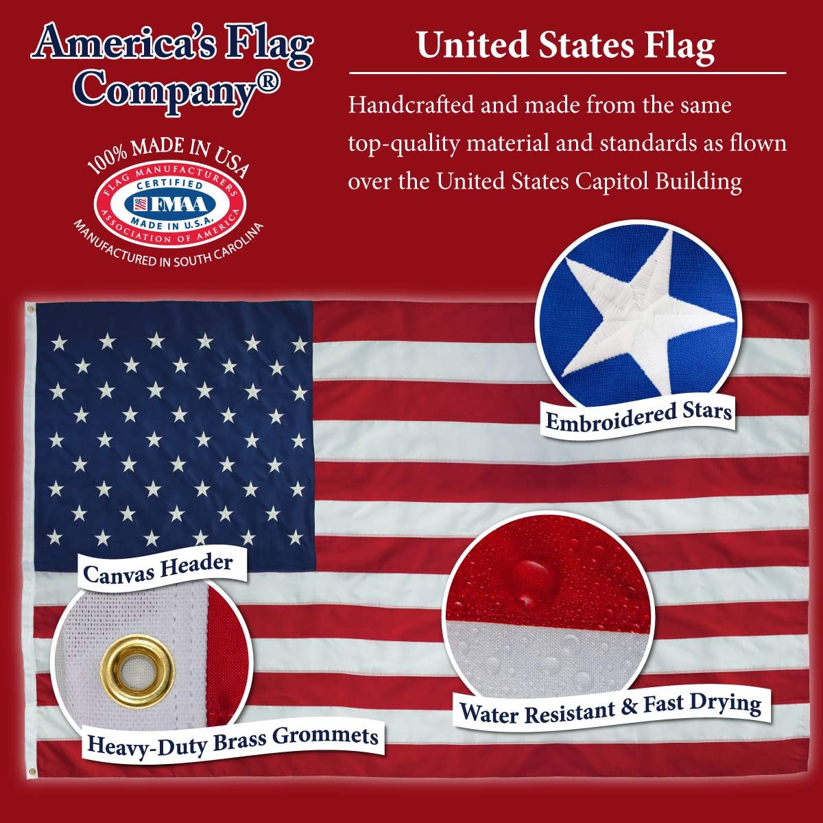 America’s Flag Company - American Flag 5x8 FT – Heavy Duty Nylon Outdoor US Flag – Embroidered Stars, Sewn Stripes, Brass Grommets - Made in USA - by Valley Forge Flag