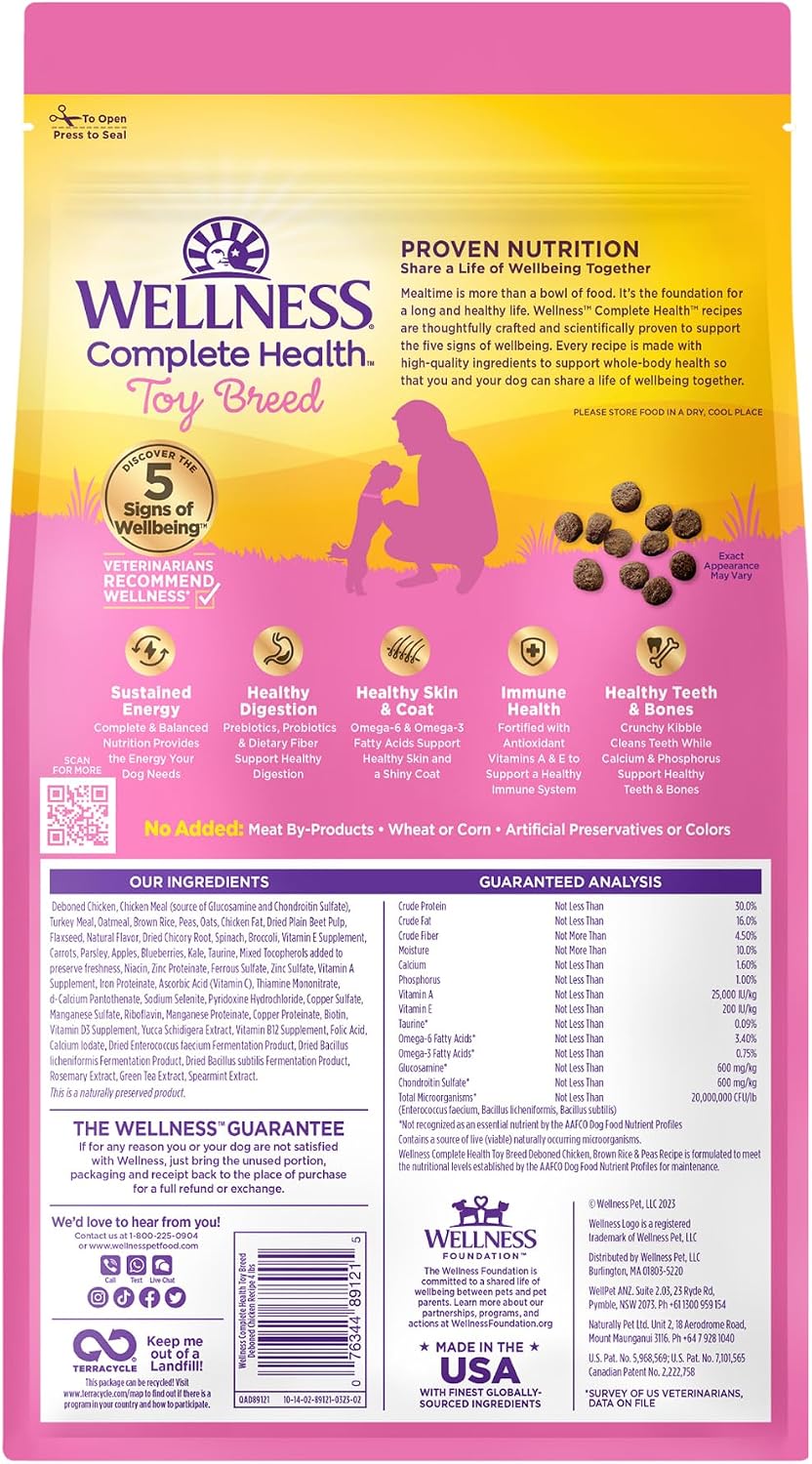 Wellness Complete Health Small Breed Adult Dry Dog Food, Wholesome Grain Kibble, Natural, Turkey and Oatmeal Recipe, 4 lb Bag