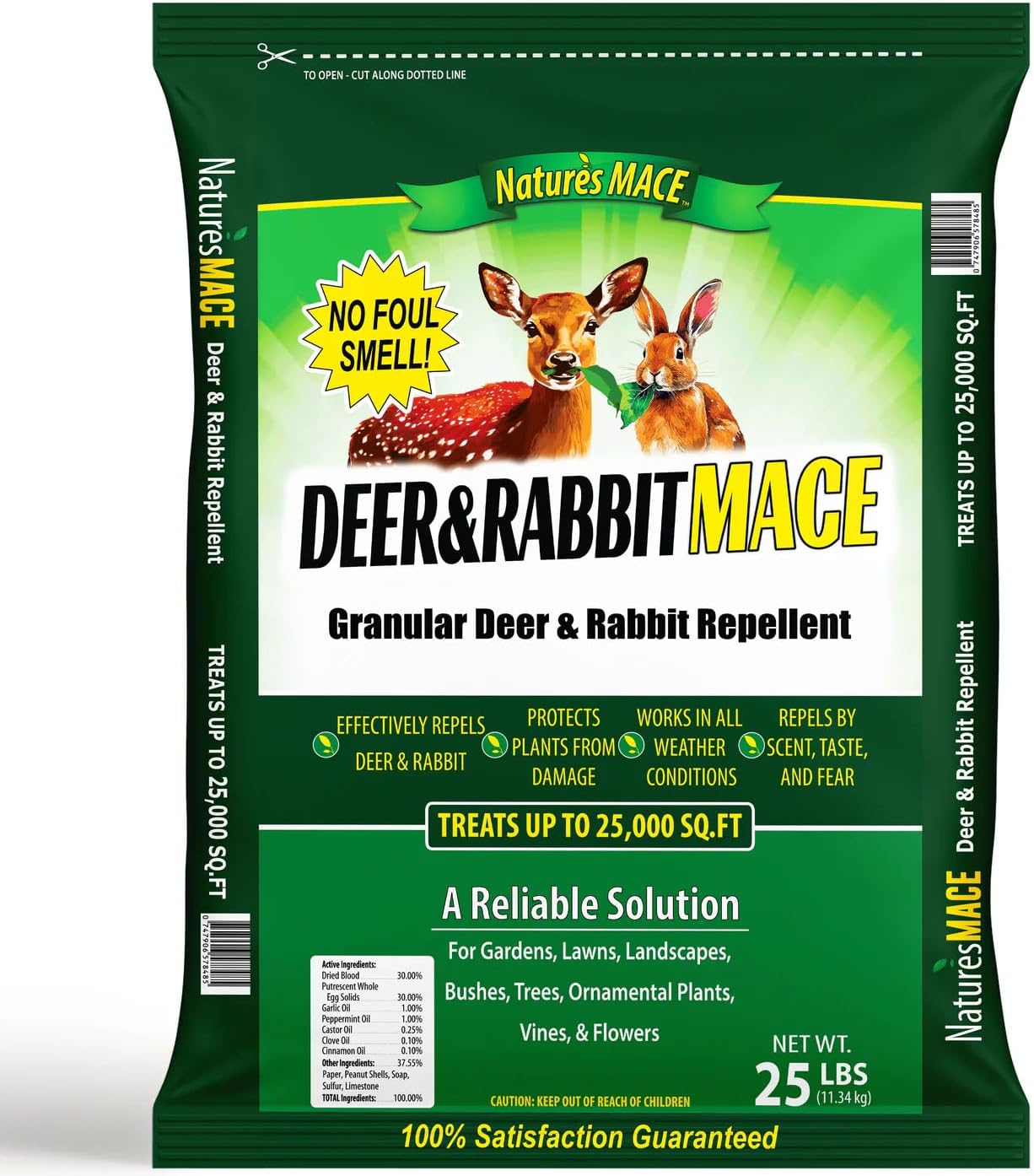 Nature's MACE Deer & Rabbit Repellent 25 lb Granules | Covers 25,000 Sq Ft, Repel Deer from Your Home & Garden, Deterrent, Safe to use Around Children, Plants, Produce.