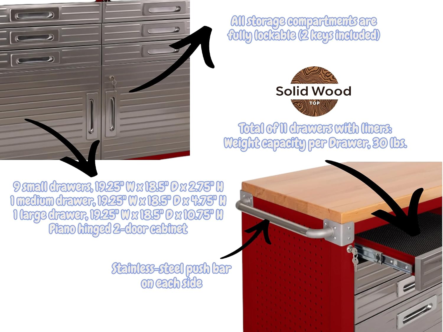 Heavy-Duty Rolling Workbench with Drawers and Cabinet, 77" W x 20" D x 37.5" H, (Red, 11 Drawer)
