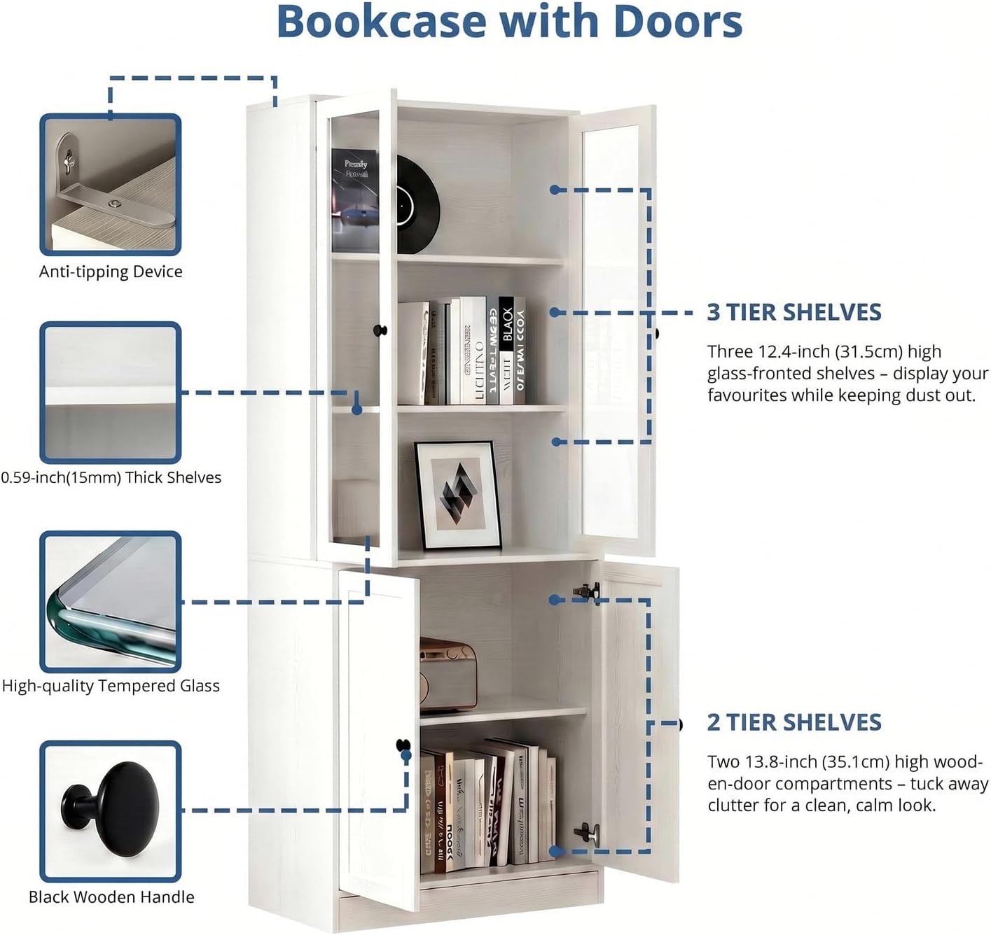 TUSY 71" H Bookcase with Storage | 6-Tier Modern Bookshelf with Drawers, Display Bookcase with Glass Doors, White Curio Cabinet for Home Office, Living Room