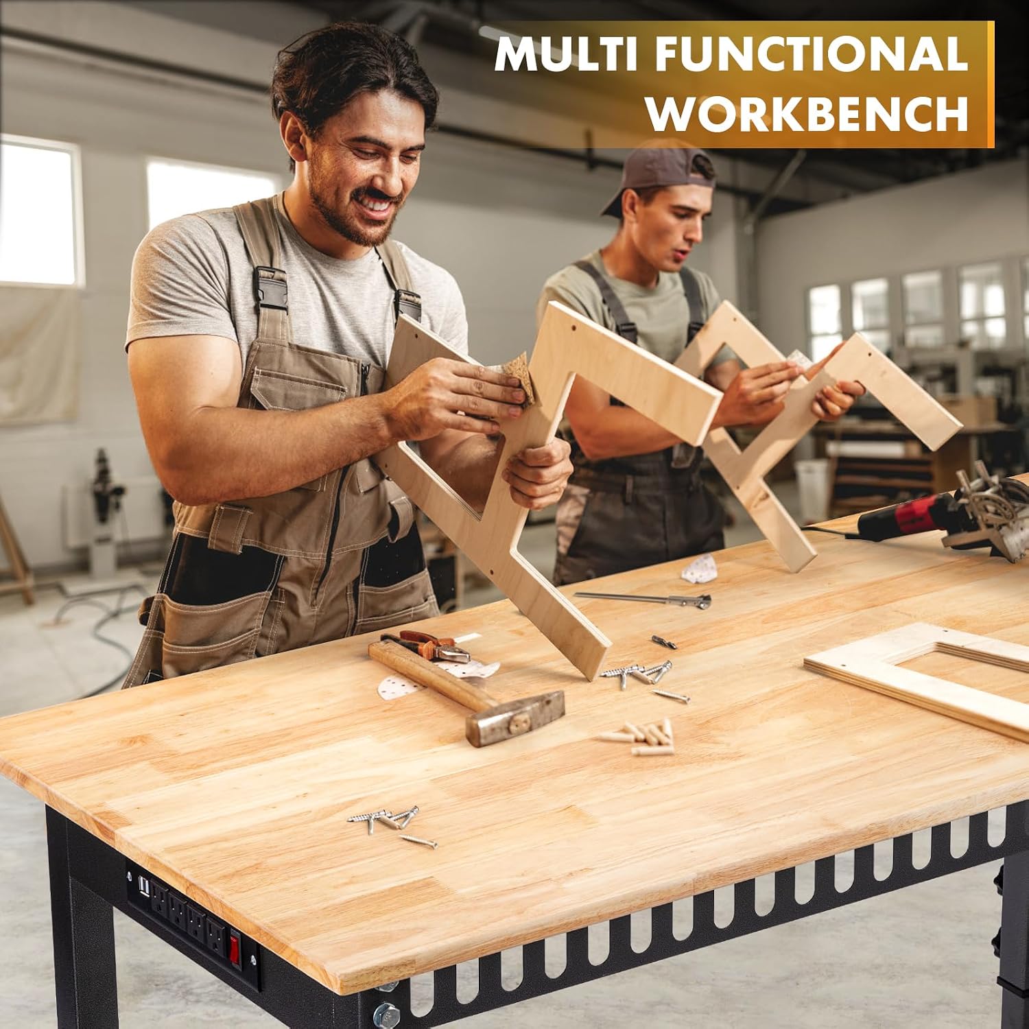 48" Adjustable Workbench, Work Table with Wheels and Power Outlet | 2000LBS Load Capacity Rubber Wood Top Workstation, Heavy-Duty Craft Table for Garage Workshop
