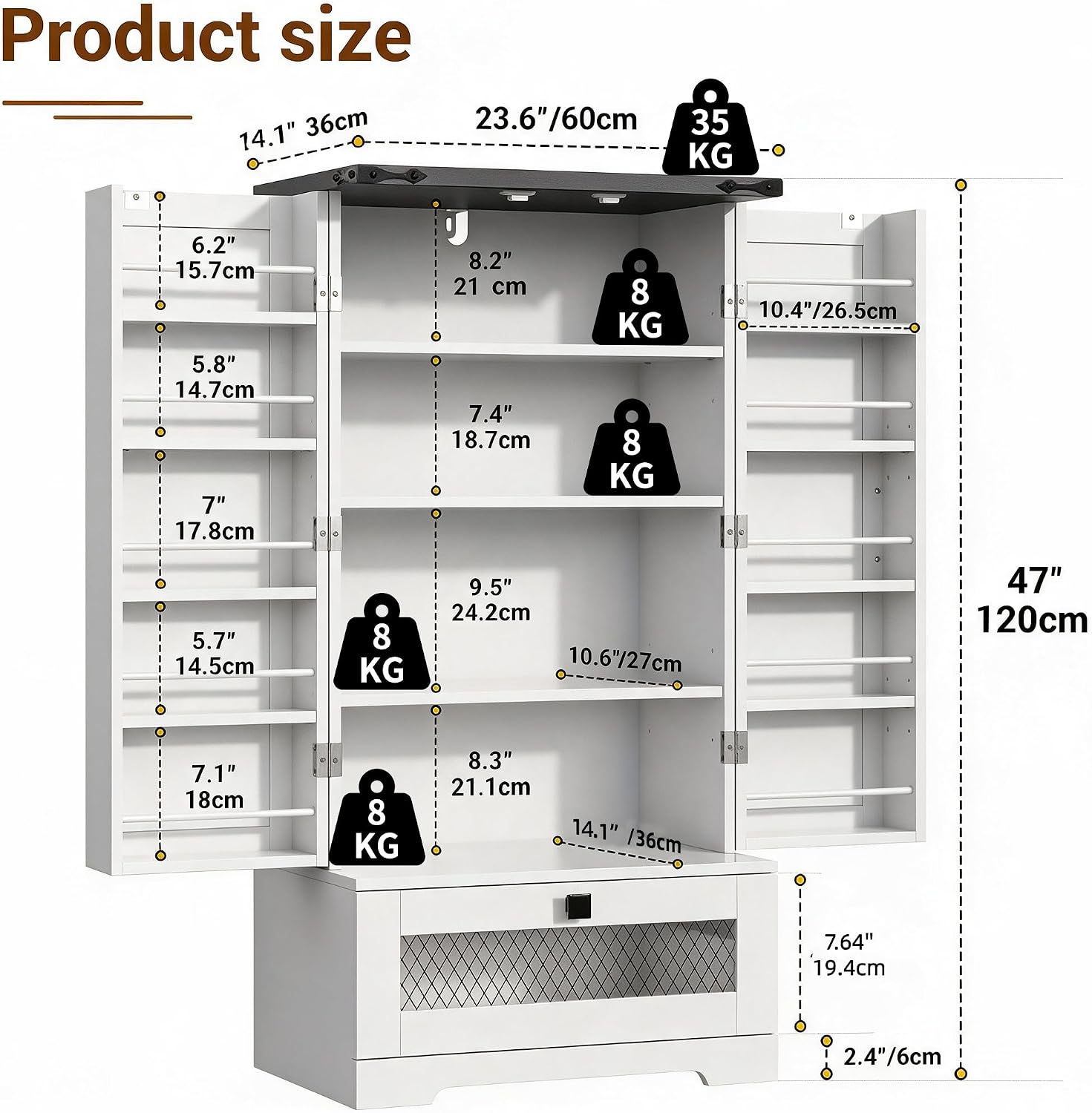 kepptory 47” Pantry Cabinet, Kitchen Pantry Storage Cabinet with Doors and Adjustable Shelves,Freestanding Buffet Cupboards Sideboard for Living Room and Dinning Room (White)