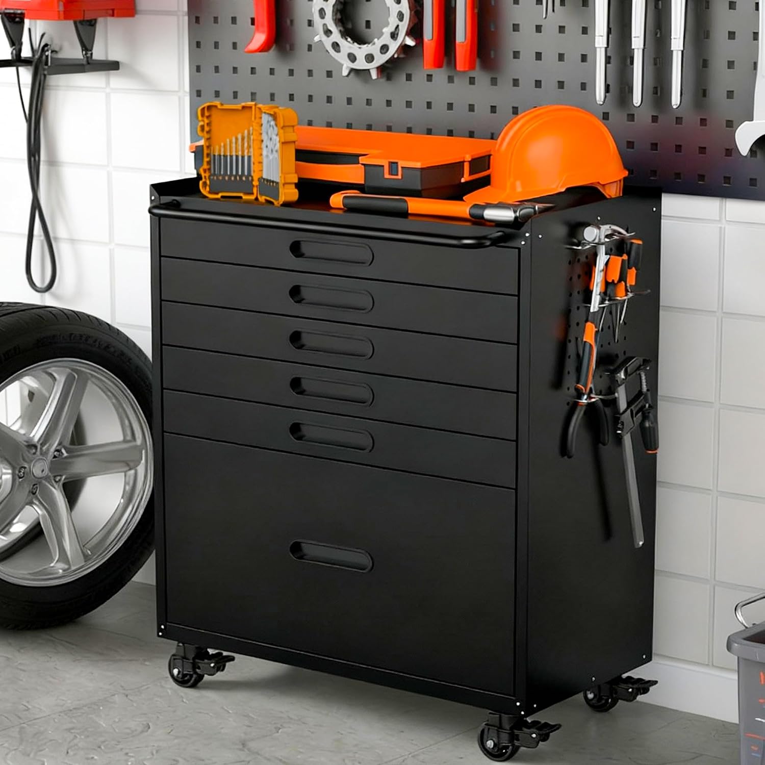 Garage Cabinets,Metal Garage Storage Cabinet with Wheels,Black Lockable Rolling Tool Cabinet with Drawer and Adjustable Shelves,Heavy Duty Tool Chest for Home Office Utility Room