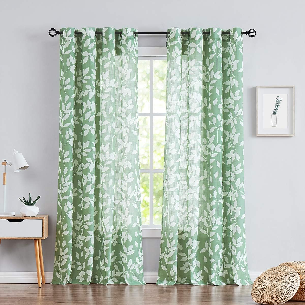 Leaf Semi Sheer Curtains for Bedroom Living Room 52x72" Taupe White Print 2