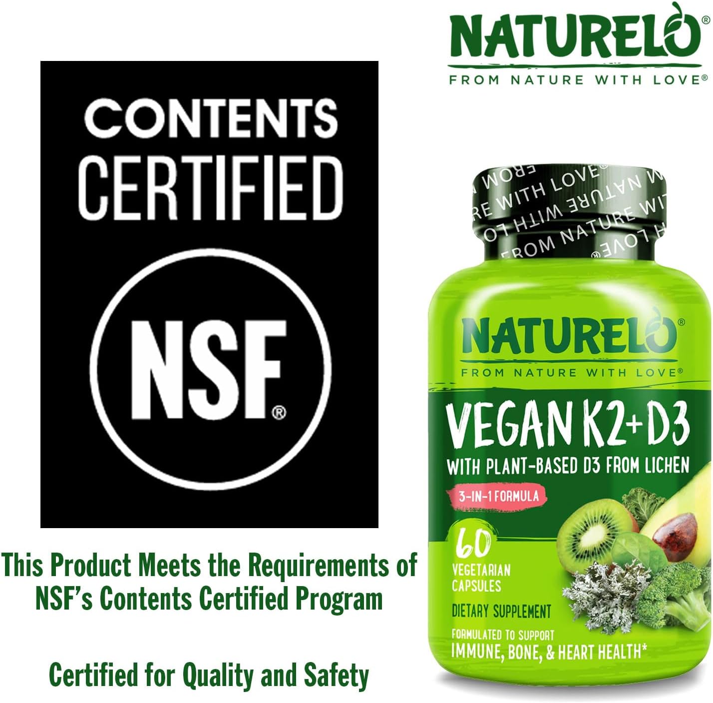 NATURELO Vitamin D3 K2, Vegan K2+D3 Supplement, 60 Capsules