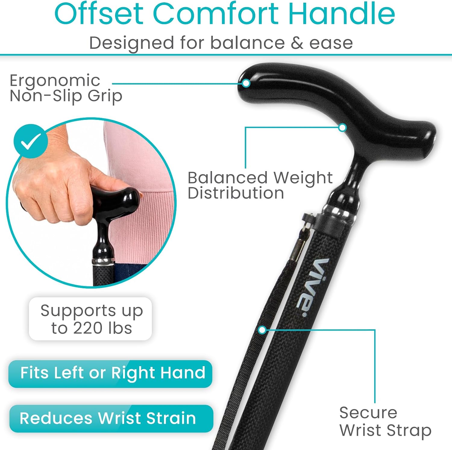 Vive Ultra-Lightweight Quad Cane - Carbon Fiber Walking Stick for Men | Women - Adjustable Ergonomic Grip Handle - Nonslip 4 Prong Rubber Tips for