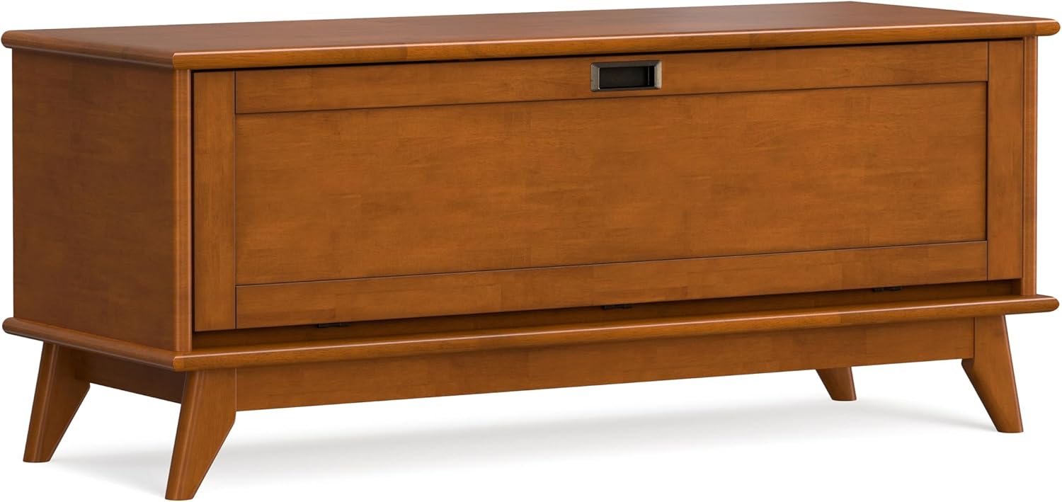 SIMPLIHOME Harvey 47" Wide Solid Mango Wood Bench in Natural | Traditional entryway bench in dark chestnut brown with a lift-up lid and 3 hidden compartments; shoe or hallway bench.