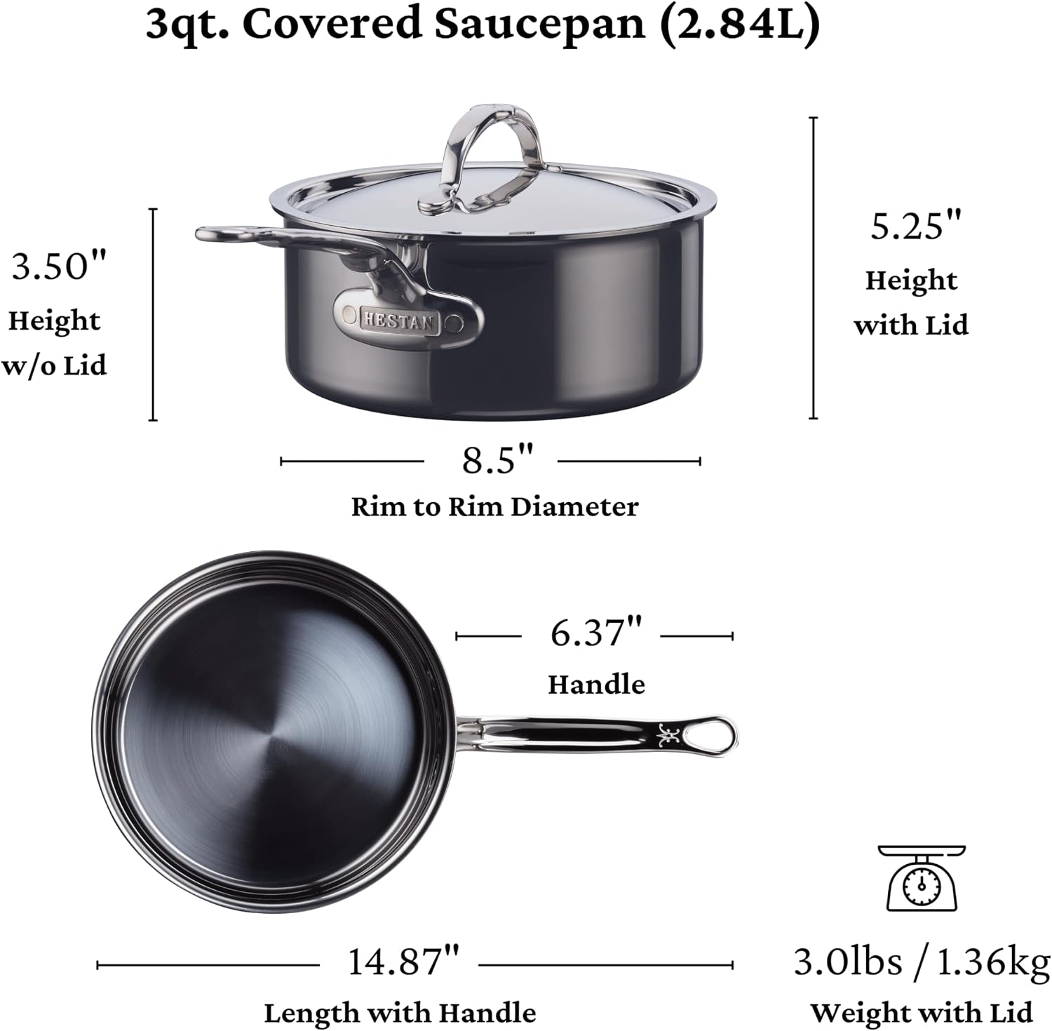 Hestan NanoBond Molecular Titanium Saucepan with Lid, 3-Quart - PFAS-Free Stainless Steel, 4x Stronger, 1050°F Oven Safe, Induction Compatible